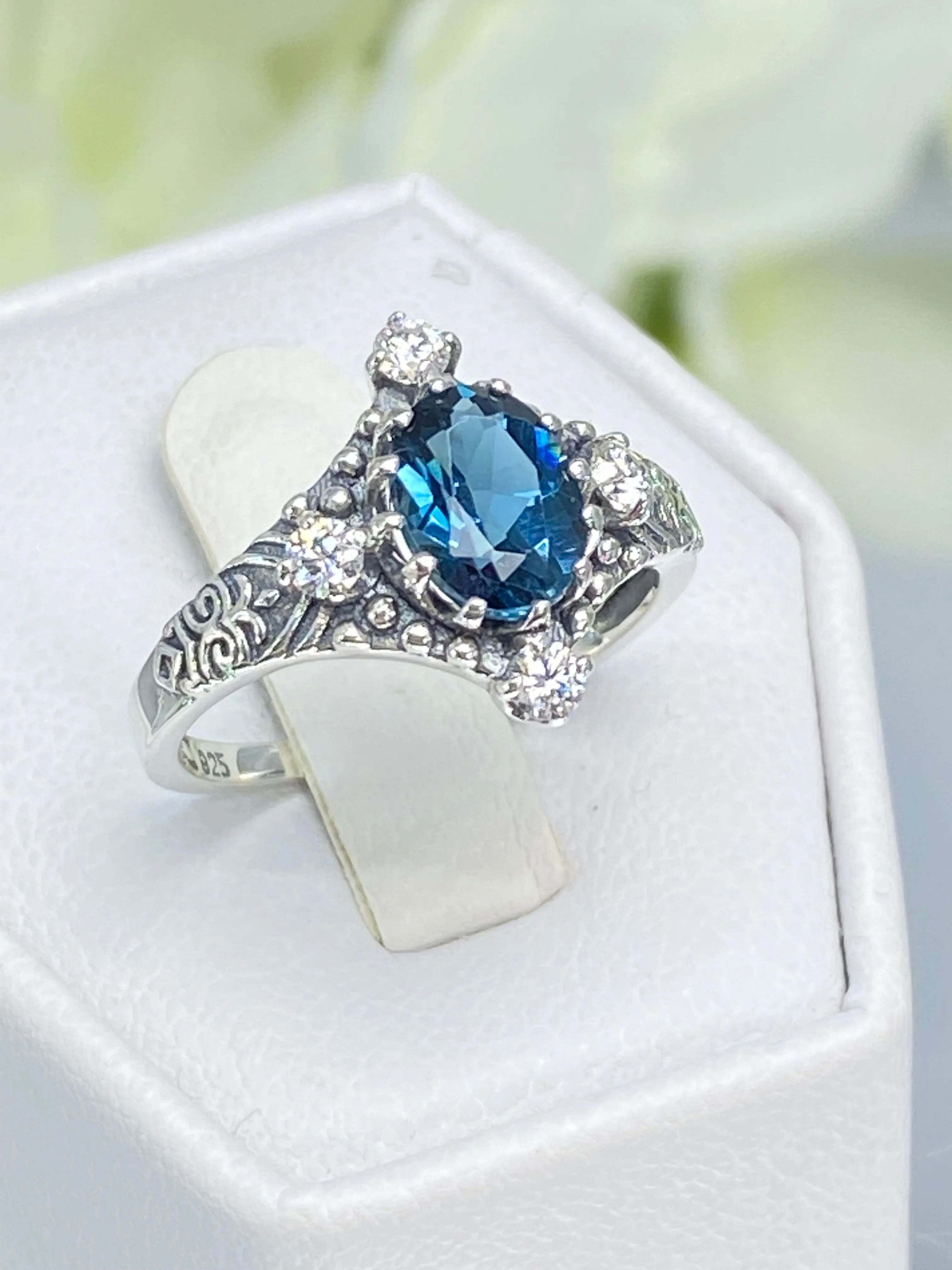Natural Swiss Blue Topaz Ring, Size 7, Moissanite Accents, Victorian Filigree Jewelry #D24 - Ready to Ship