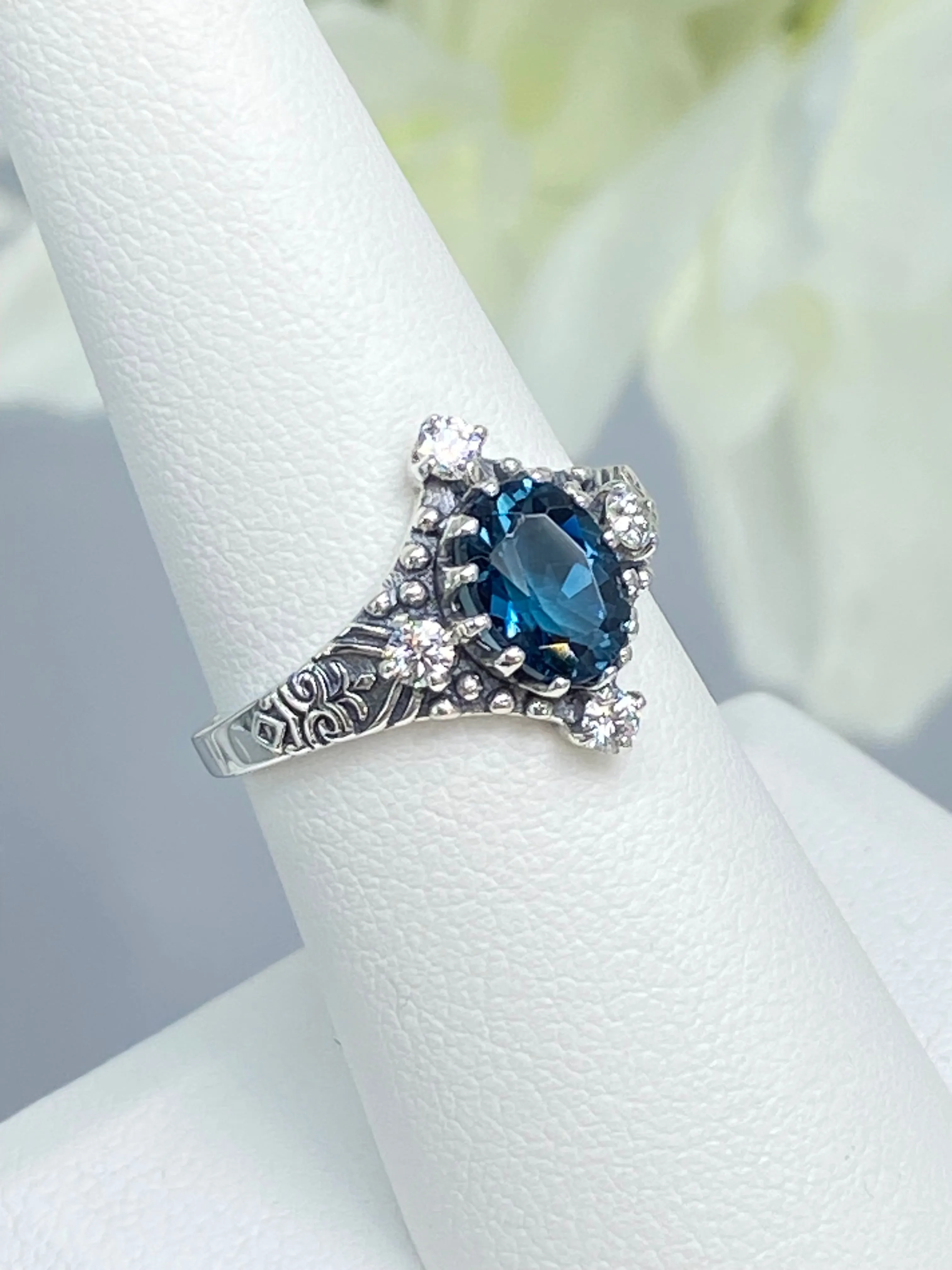 Natural Swiss Blue Topaz Ring, Size 7, Moissanite Accents, Victorian Filigree Jewelry #D24 - Ready to Ship