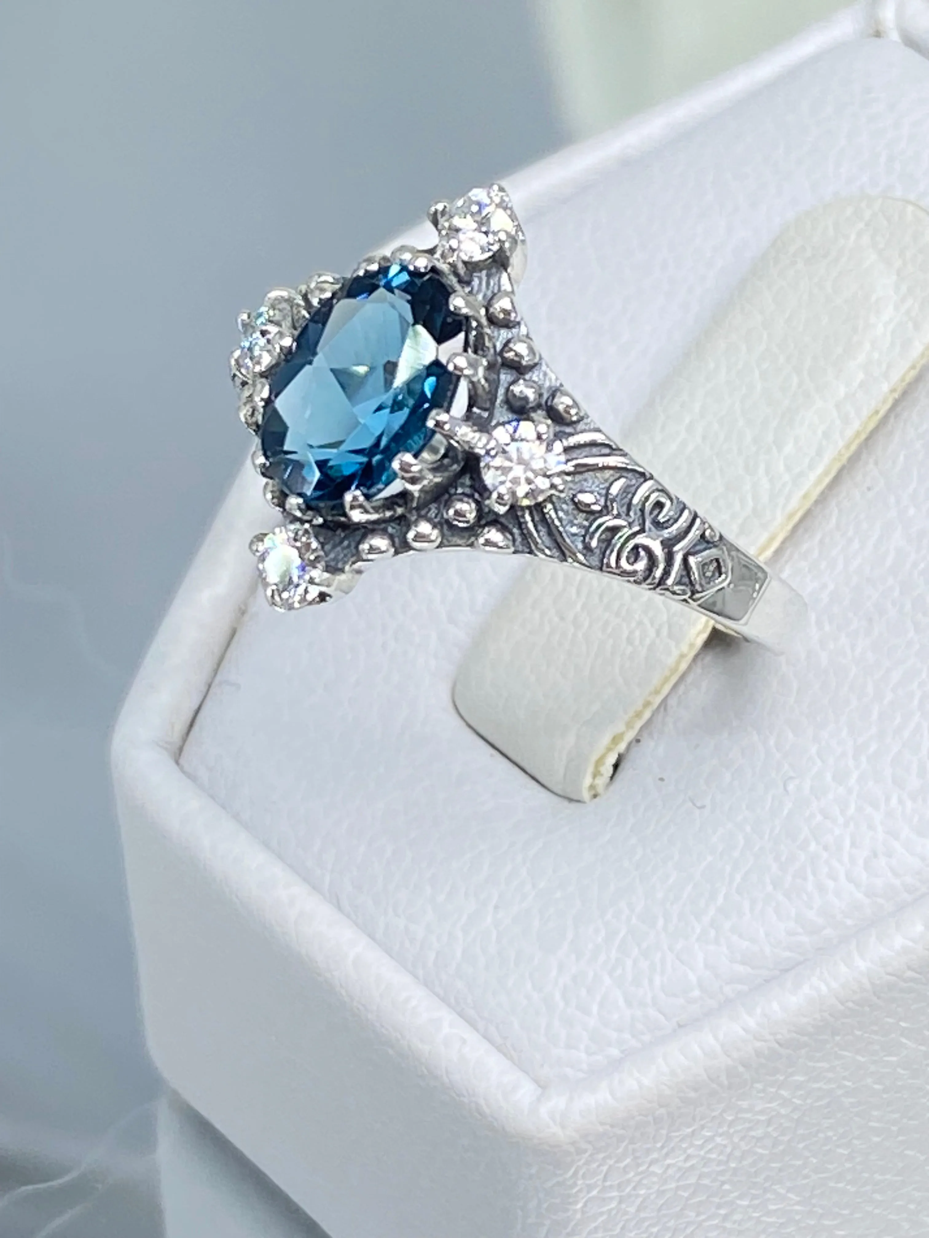 Natural Swiss Blue Topaz Ring, Size 7, Moissanite Accents, Victorian Filigree Jewelry #D24 - Ready to Ship