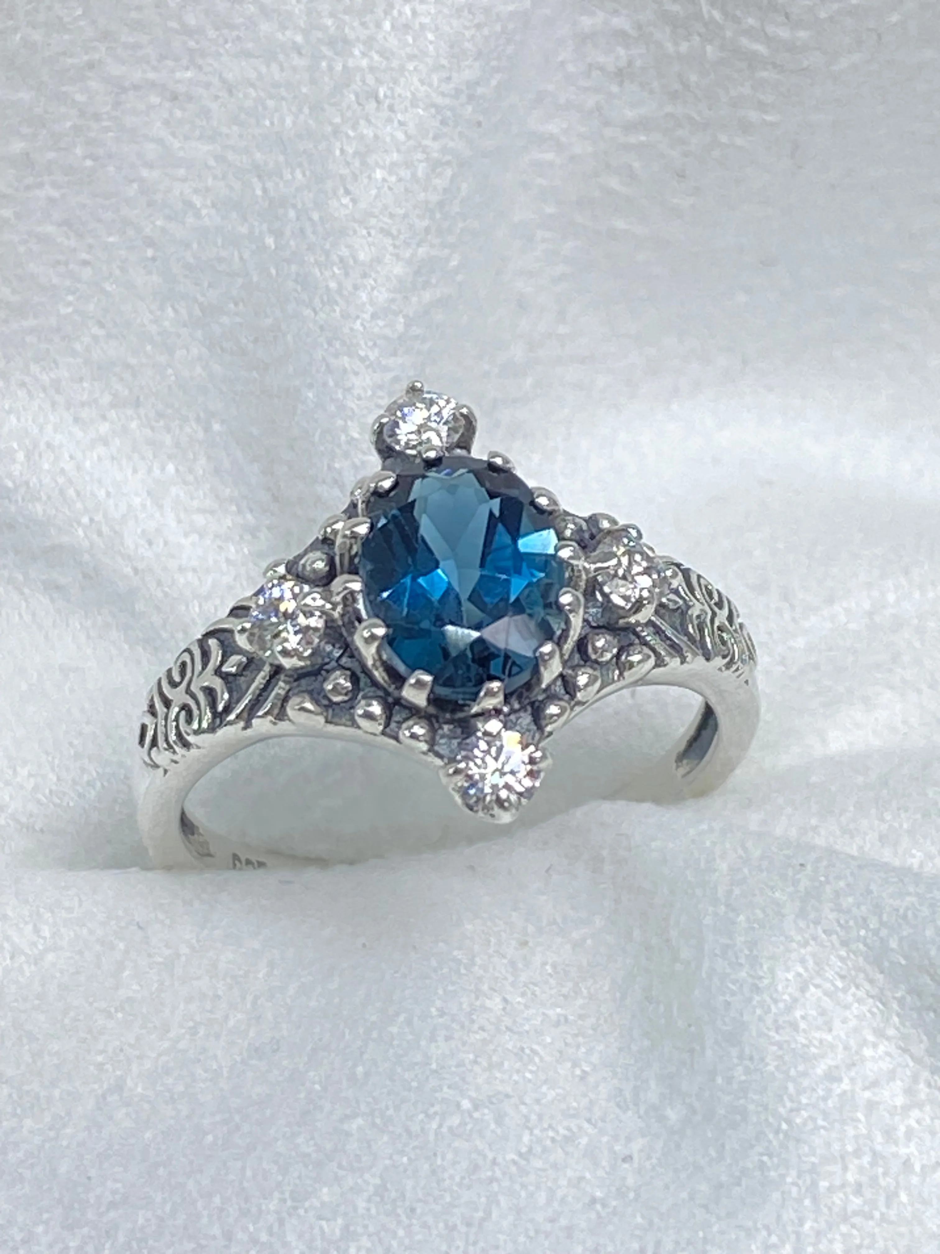 Natural Swiss Blue Topaz Ring, Size 7, Moissanite Accents, Victorian Filigree Jewelry #D24 - Ready to Ship
