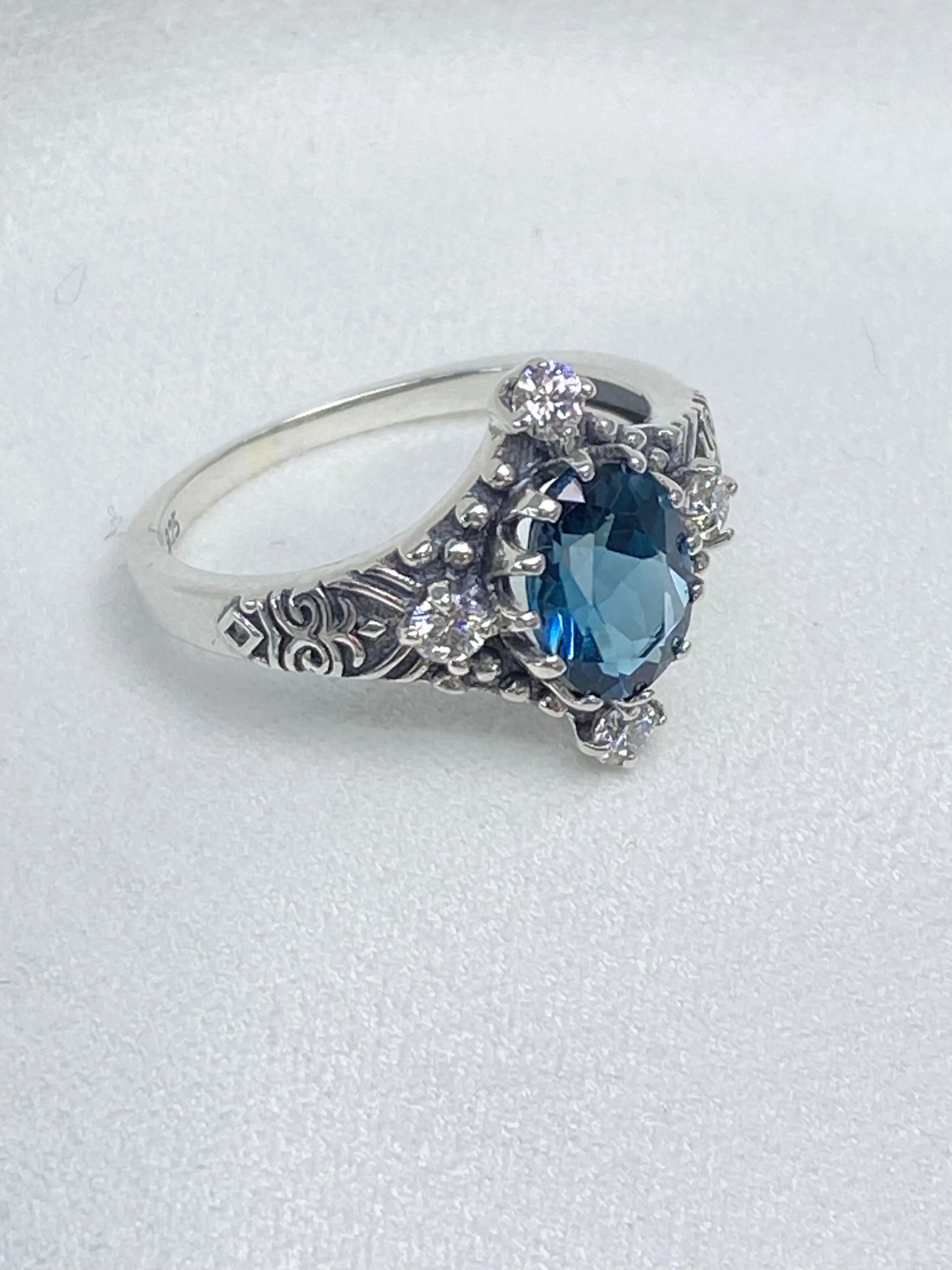 Natural Swiss Blue Topaz Ring, Size 7, Moissanite Accents, Victorian Filigree Jewelry #D24 - Ready to Ship