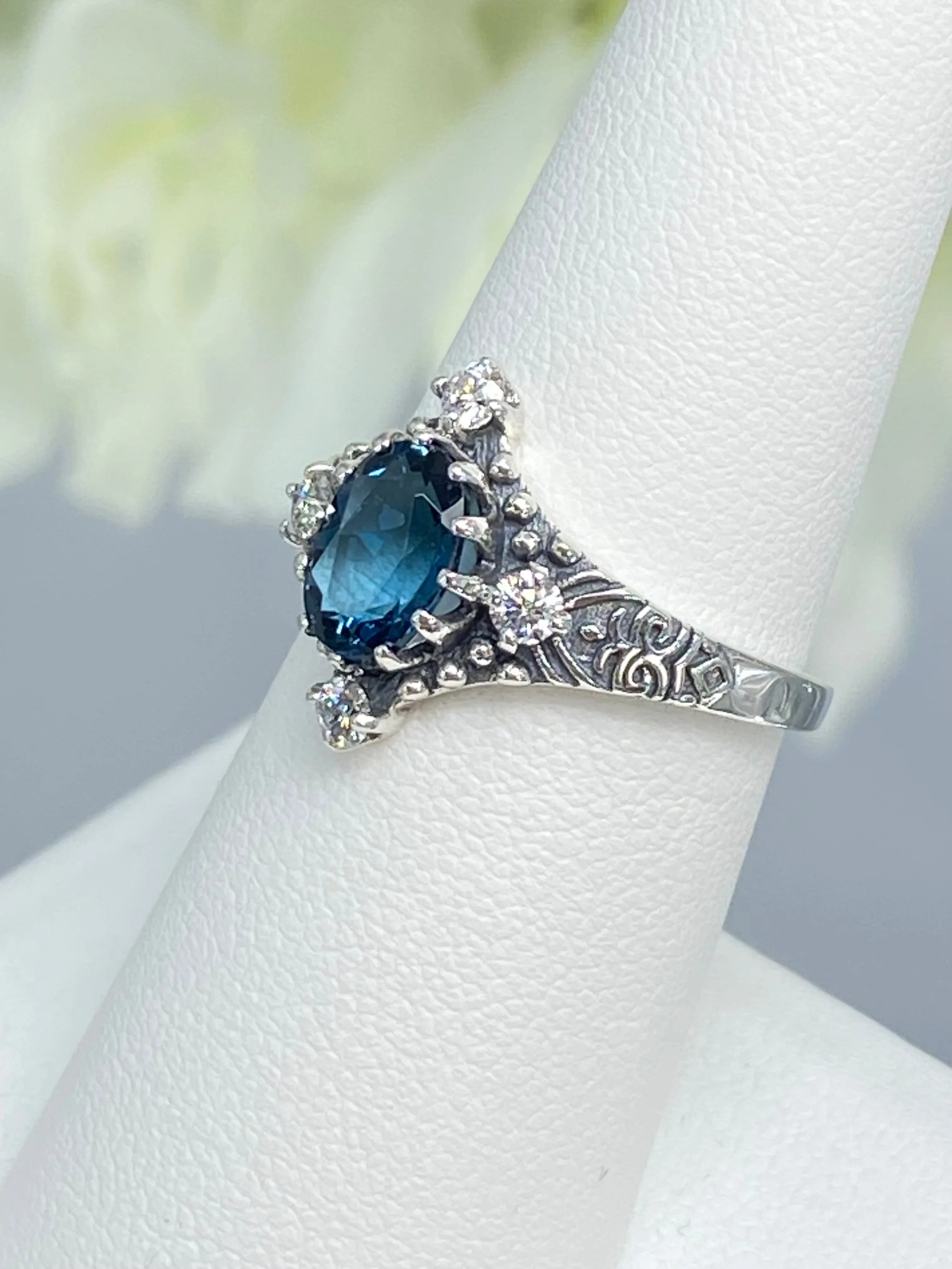 Natural Swiss Blue Topaz Ring, Size 7, Moissanite Accents, Victorian Filigree Jewelry #D24 - Ready to Ship