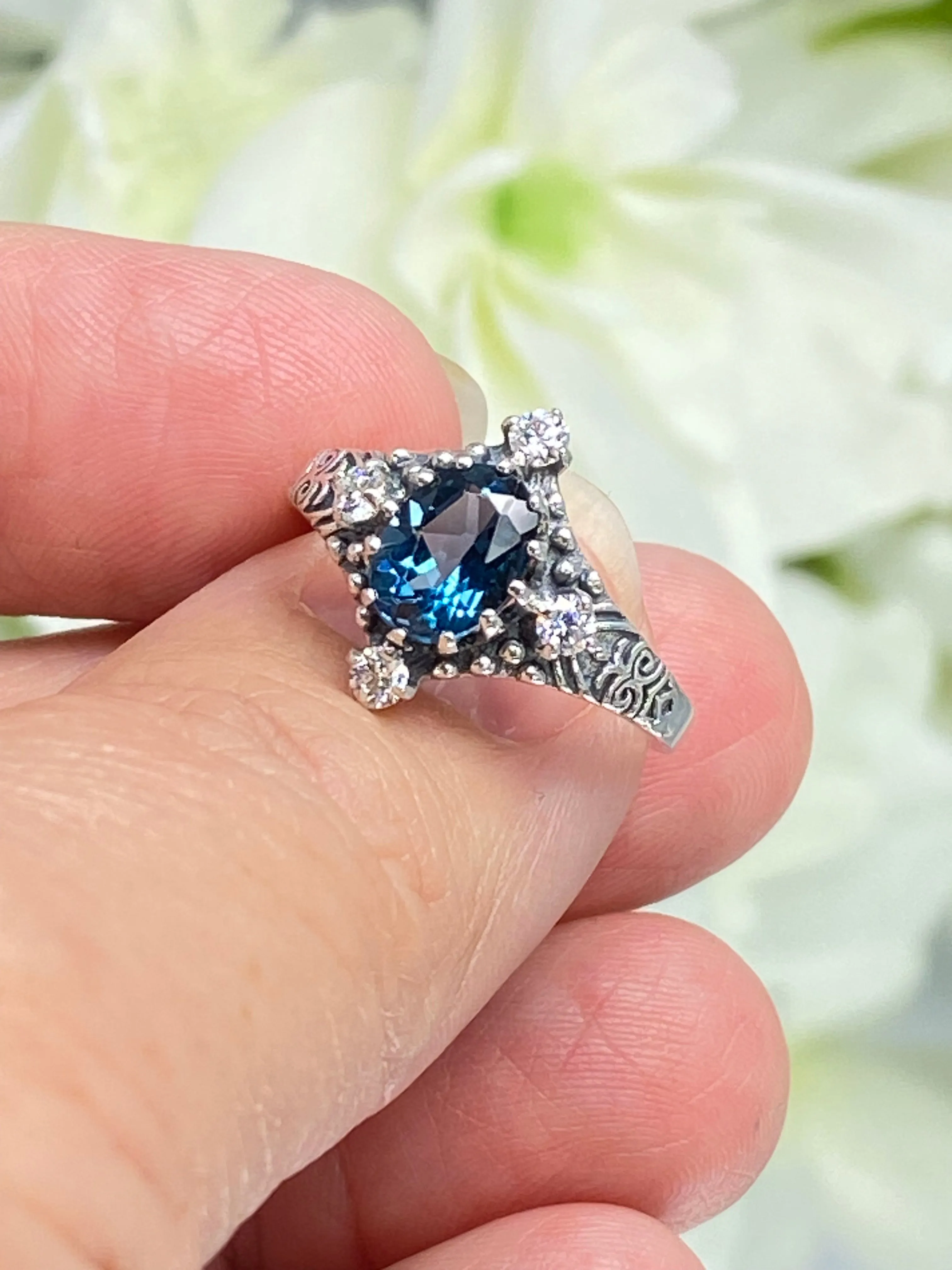 Natural Swiss Blue Topaz Ring, Size 7, Moissanite Accents, Victorian Filigree Jewelry #D24 - Ready to Ship