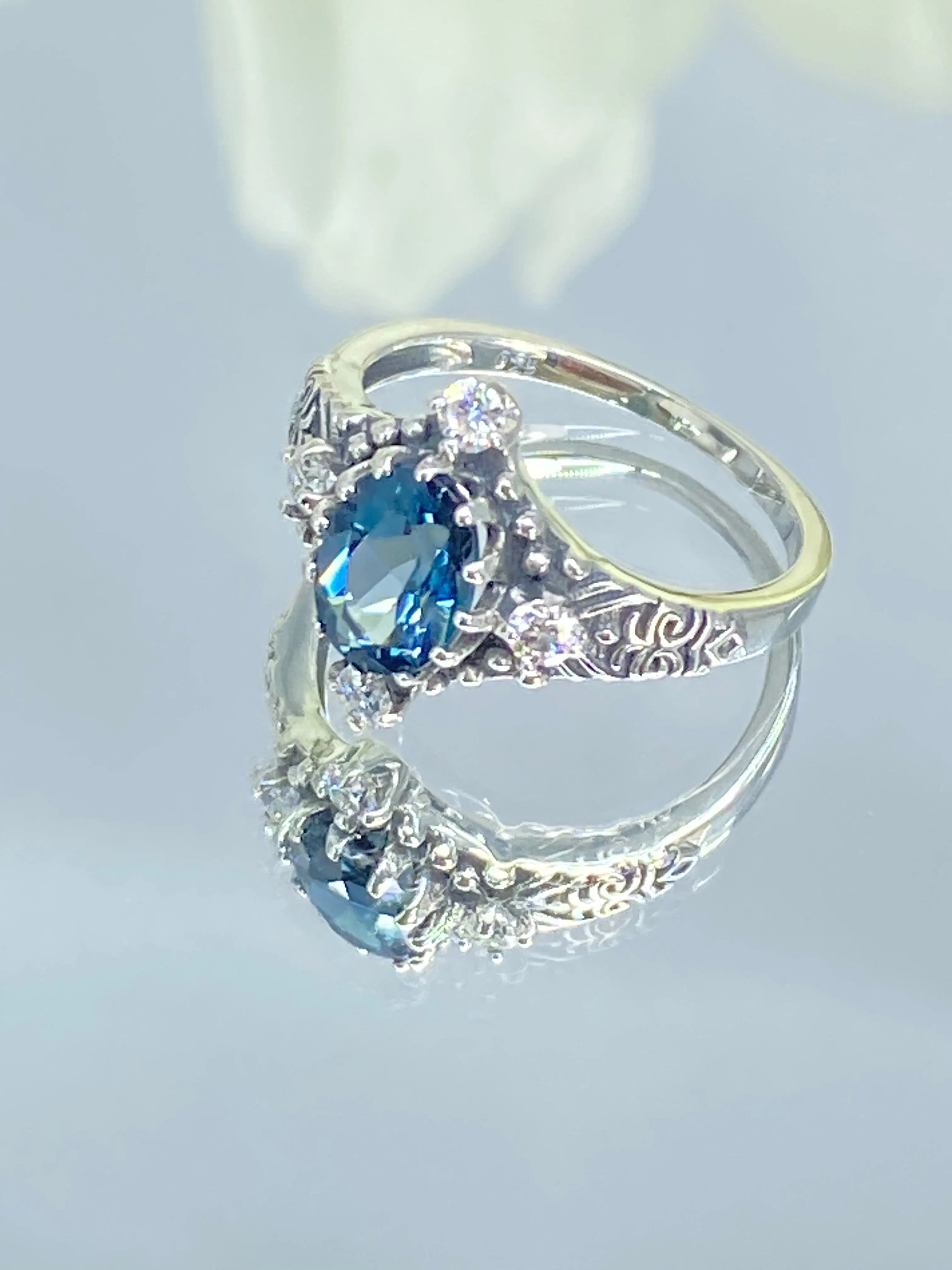 Natural Swiss Blue Topaz Ring, Size 7, Moissanite Accents, Victorian Filigree Jewelry #D24 - Ready to Ship