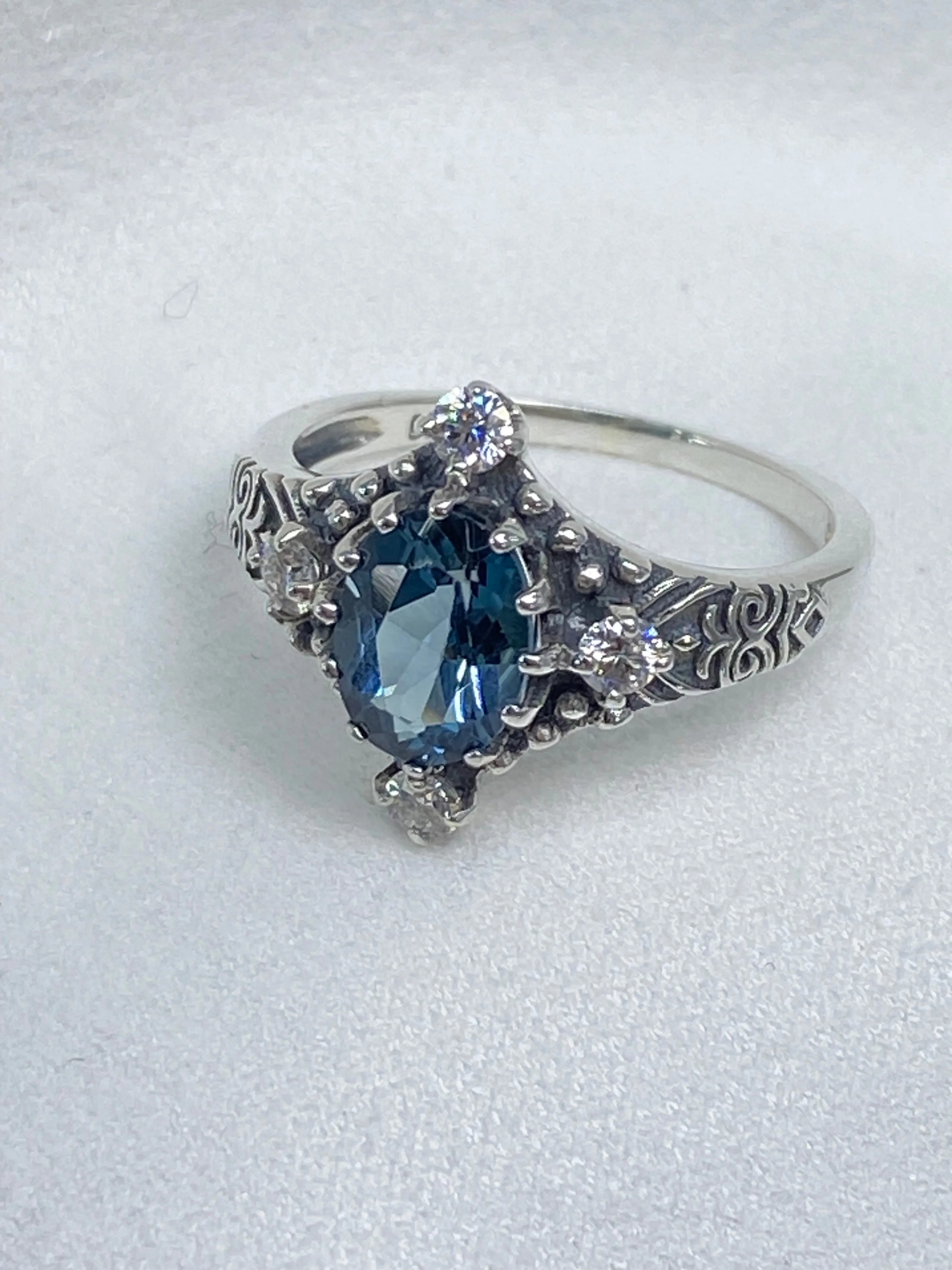 Natural Swiss Blue Topaz Ring, Size 7, Moissanite Accents, Victorian Filigree Jewelry #D24 - Ready to Ship