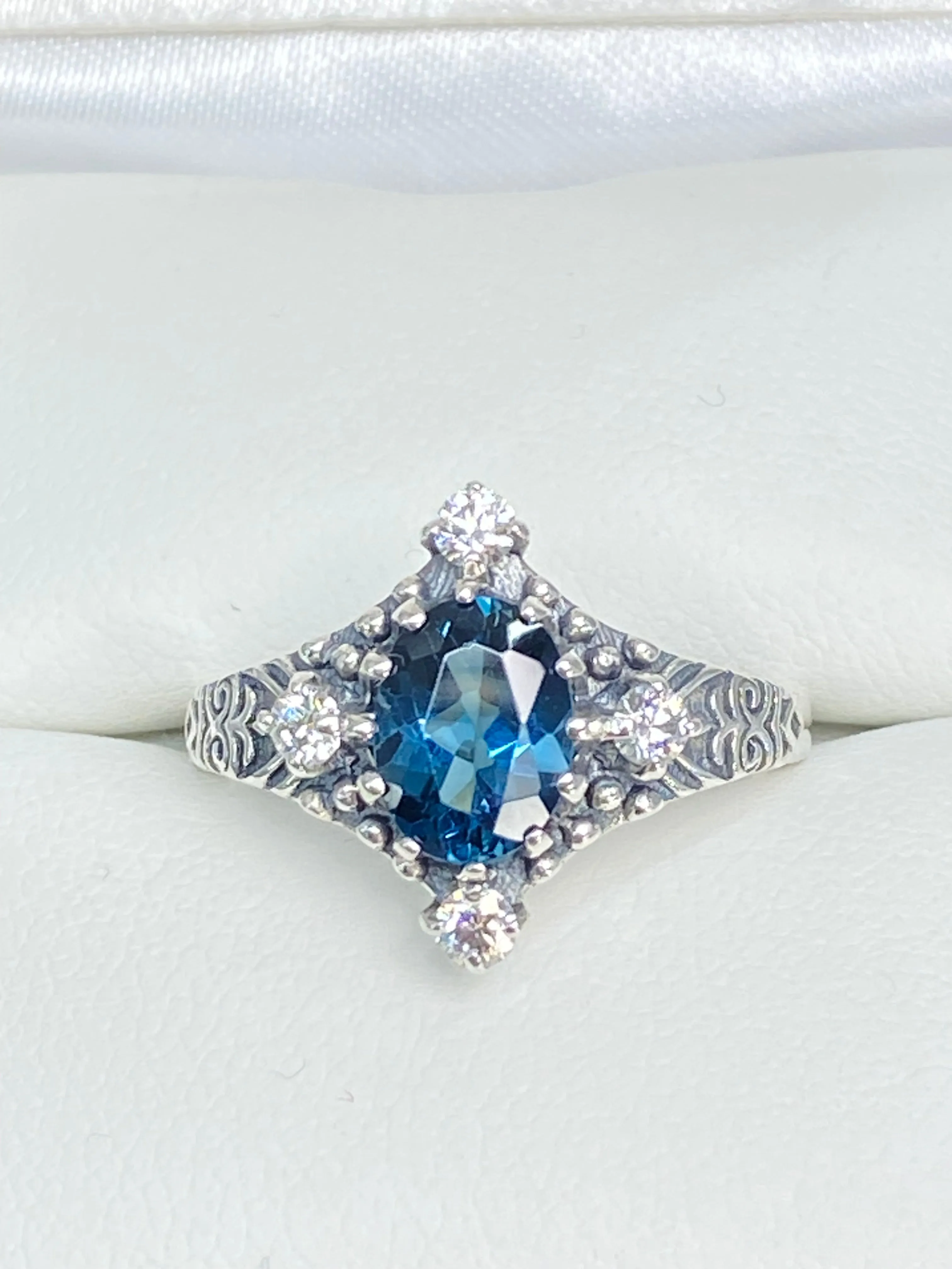 Natural Swiss Blue Topaz Ring, Size 7, Moissanite Accents, Victorian Filigree Jewelry #D24 - Ready to Ship