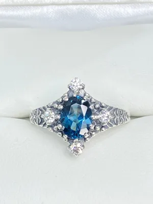 Natural Swiss Blue Topaz Ring, Size 7, Moissanite Accents, Victorian Filigree Jewelry #D24 - Ready to Ship