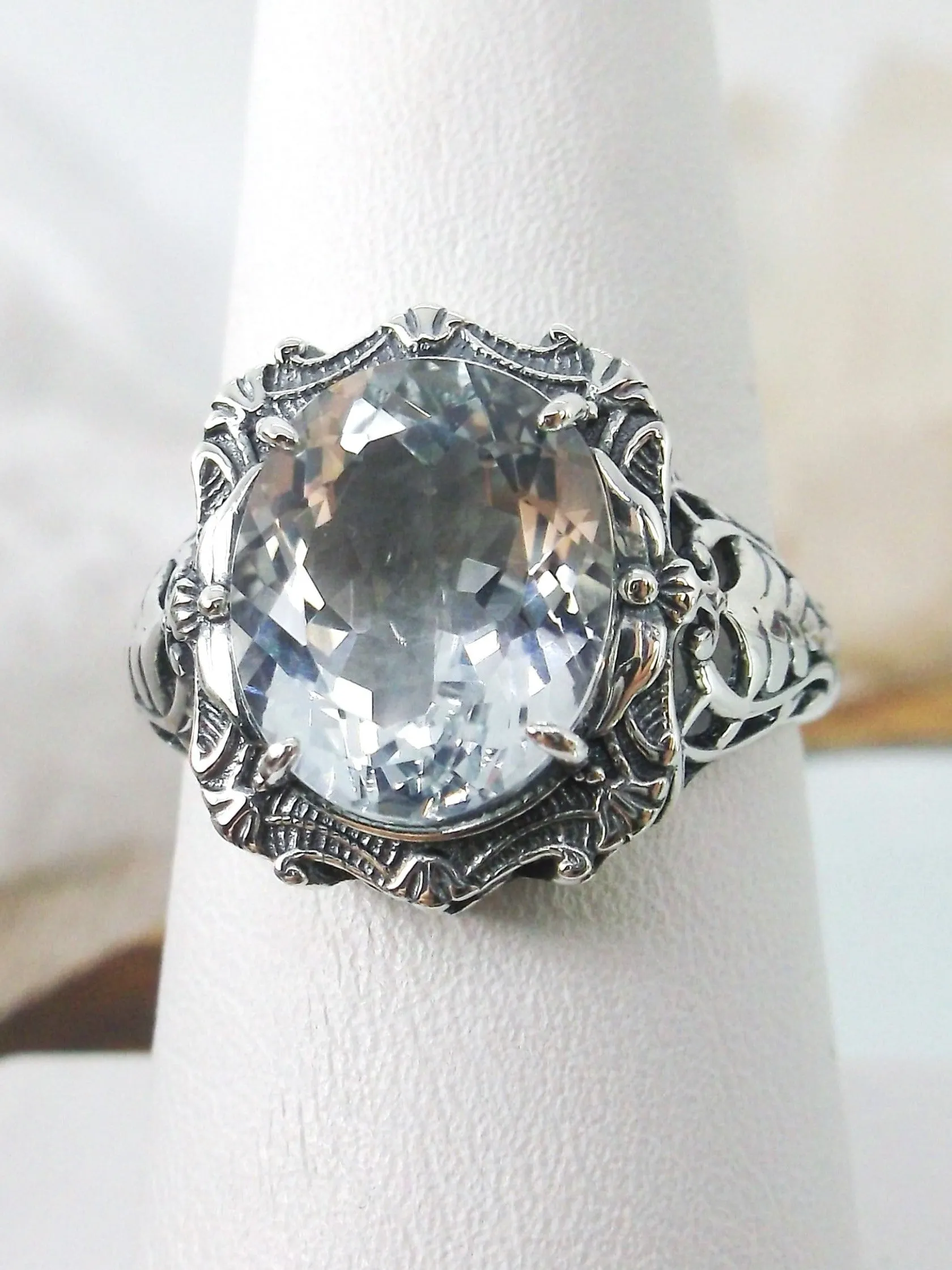 Natural Topaz Ring, Beauty Ring, Sparkling White Natural Gemstone, Oval Art Nouveau Filigree Ring, D229