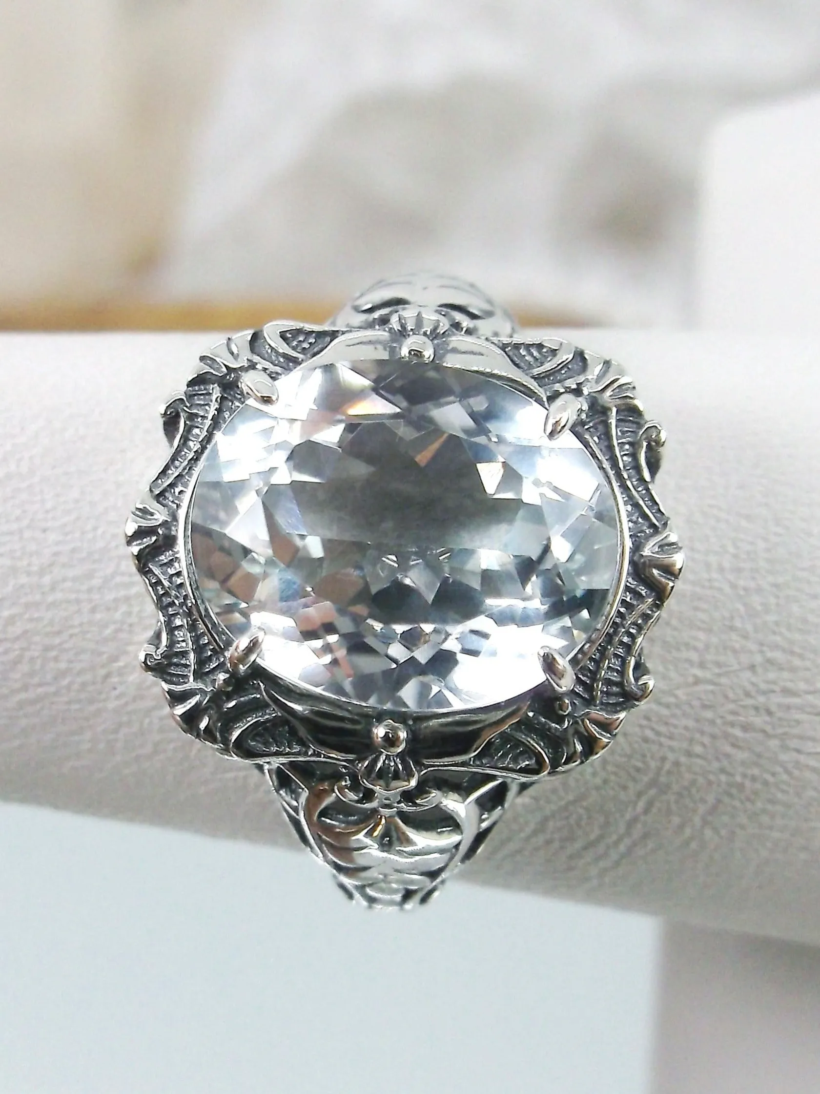 Natural Topaz Ring, Beauty Ring, Sparkling White Natural Gemstone, Oval Art Nouveau Filigree Ring, D229