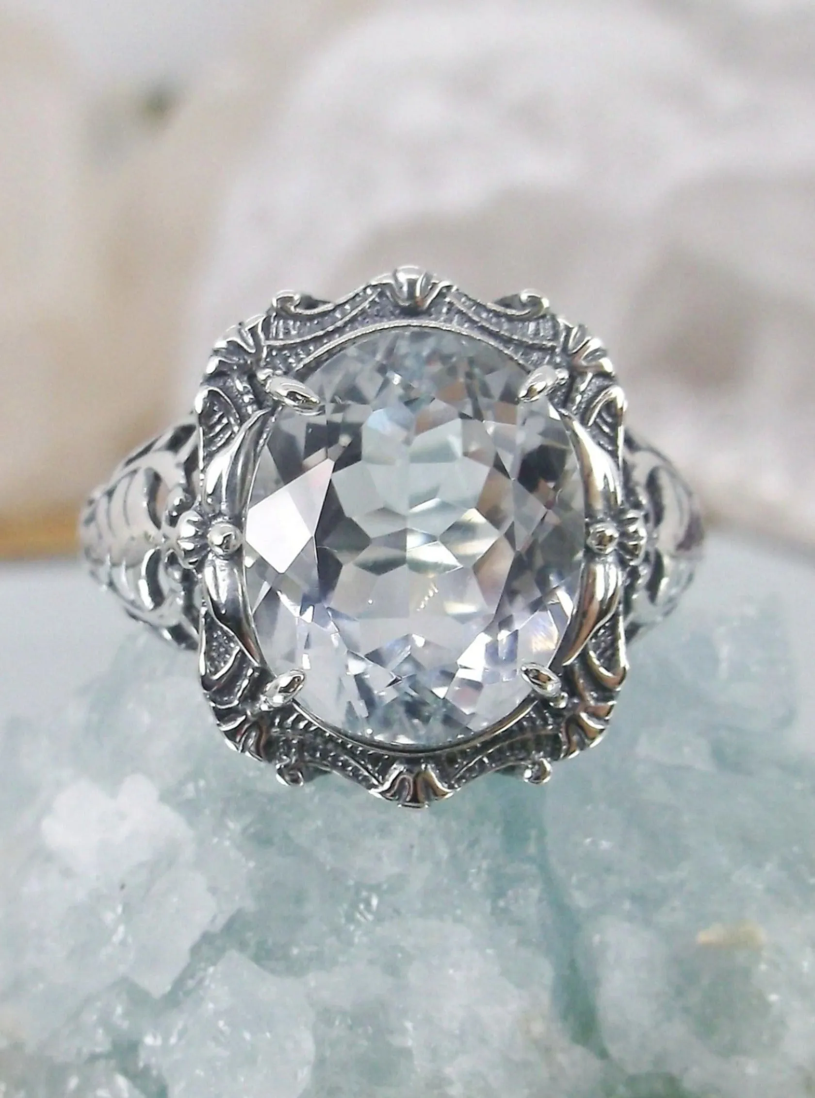 Natural Topaz Ring, Beauty Ring, Sparkling White Natural Gemstone, Oval Art Nouveau Filigree Ring, D229