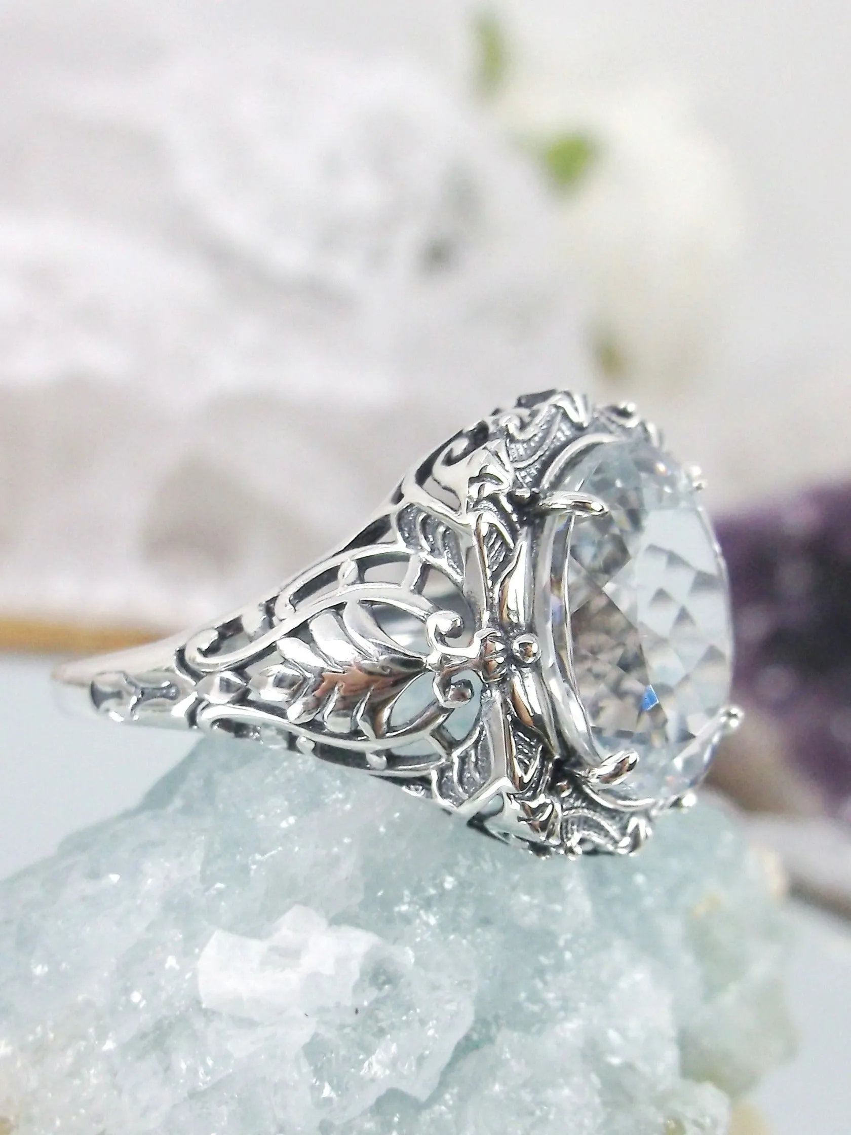 Natural Topaz Ring, Beauty Ring, Sparkling White Natural Gemstone, Oval Art Nouveau Filigree Ring, D229