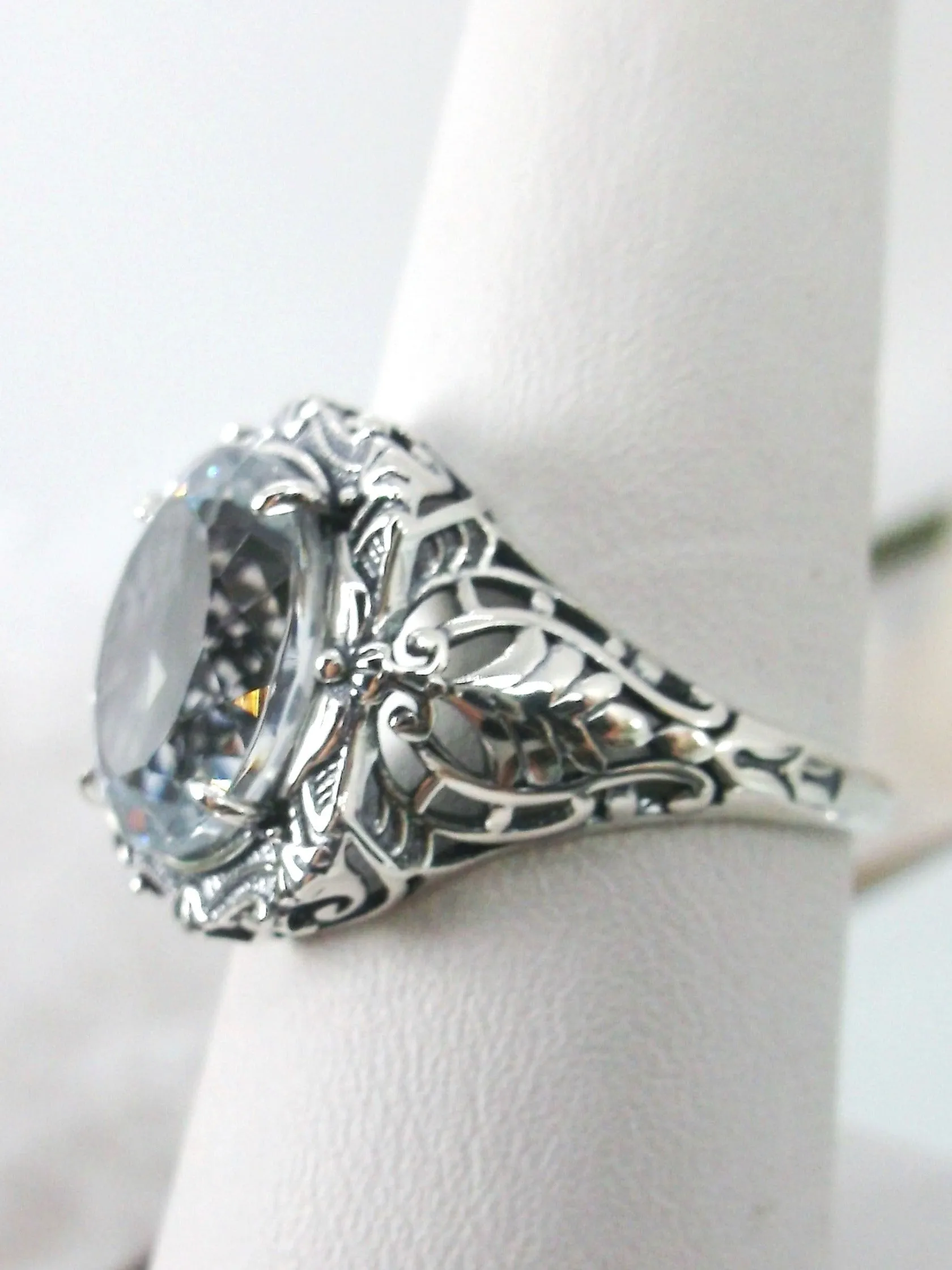 Natural Topaz Ring, Beauty Ring, Sparkling White Natural Gemstone, Oval Art Nouveau Filigree Ring, D229