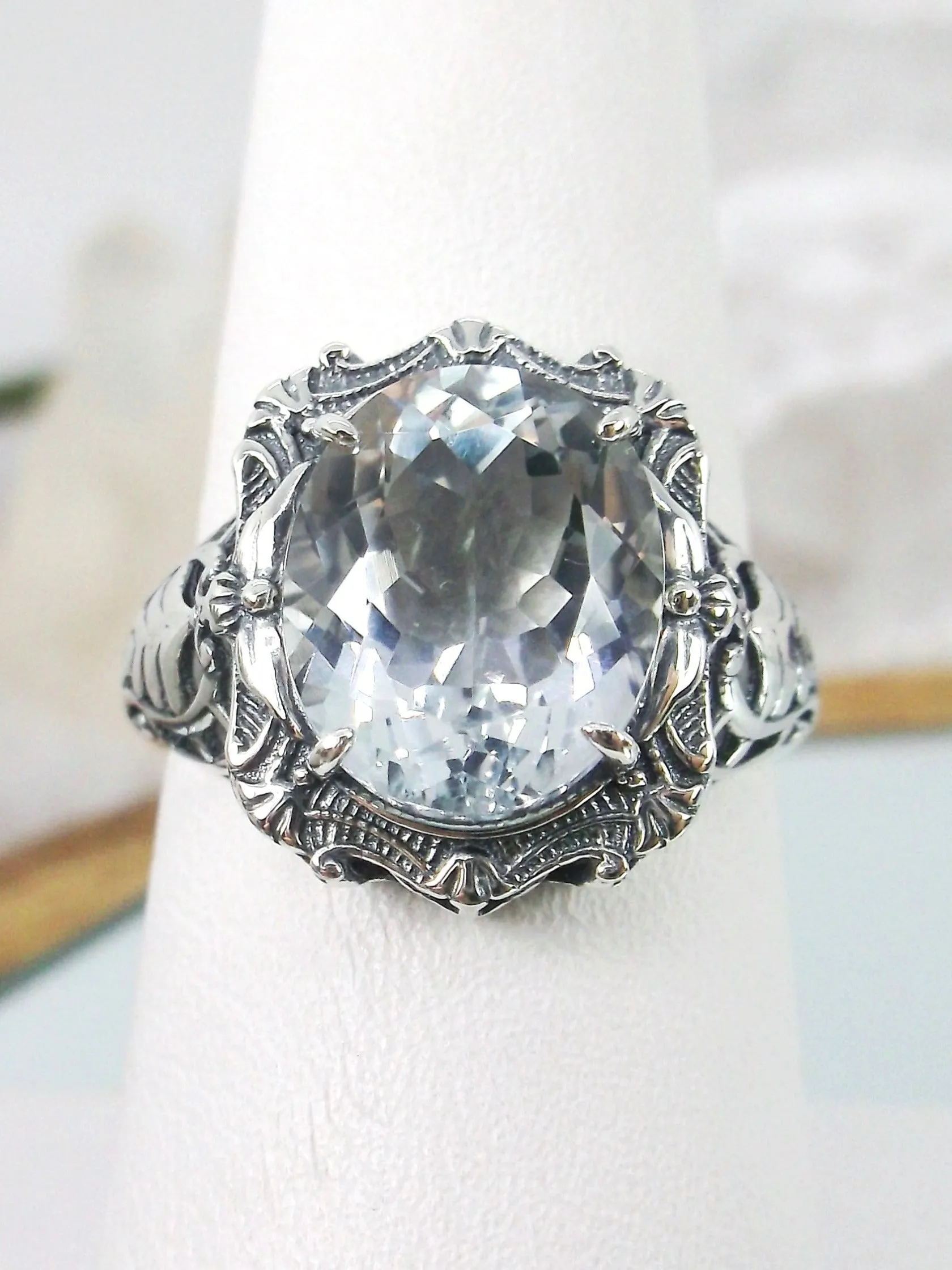 Natural Topaz Ring, Beauty Ring, Sparkling White Natural Gemstone, Oval Art Nouveau Filigree Ring, D229