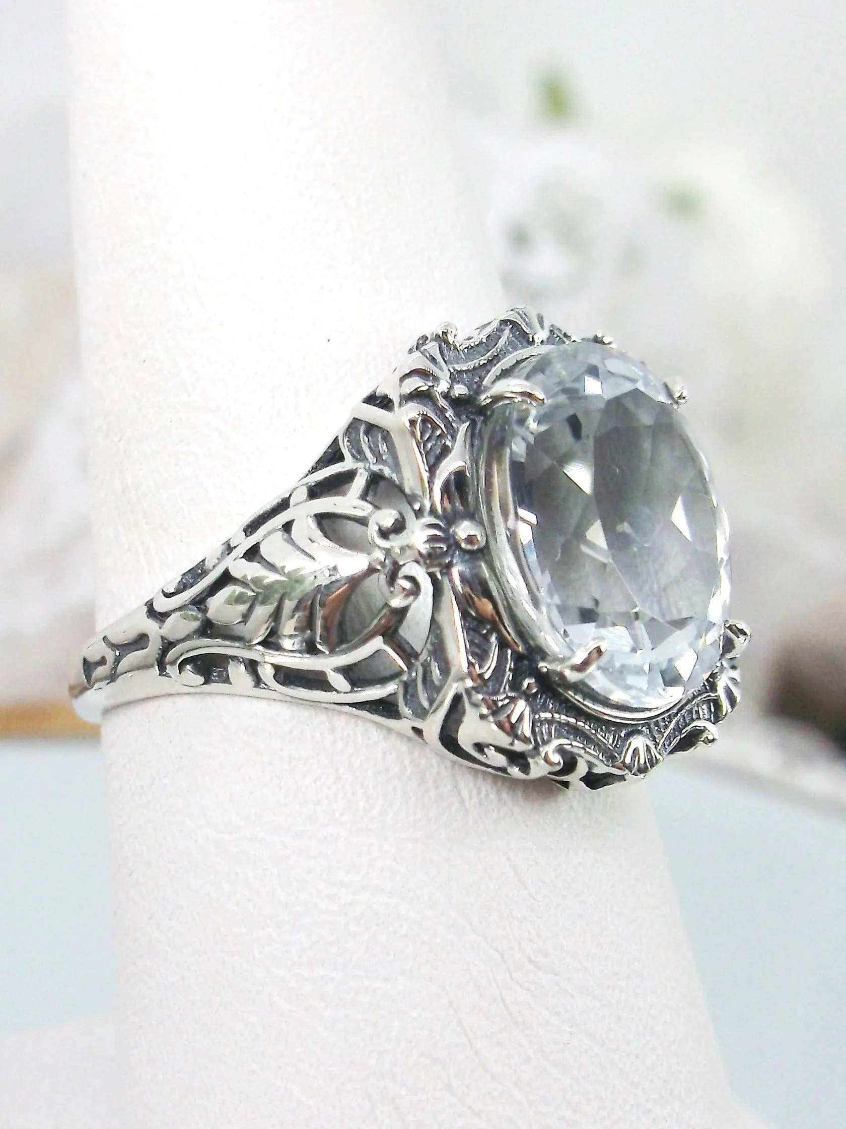 Natural Topaz Ring, Beauty Ring, Sparkling White Natural Gemstone, Oval Art Nouveau Filigree Ring, D229