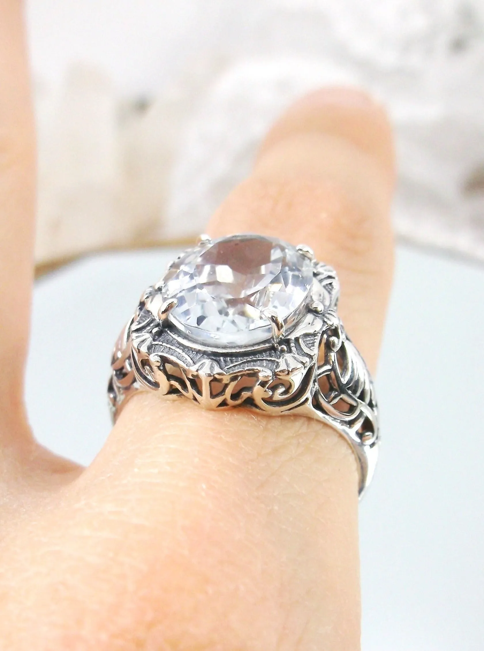 Natural Topaz Ring, Beauty Ring, Sparkling White Natural Gemstone, Oval Art Nouveau Filigree Ring, D229