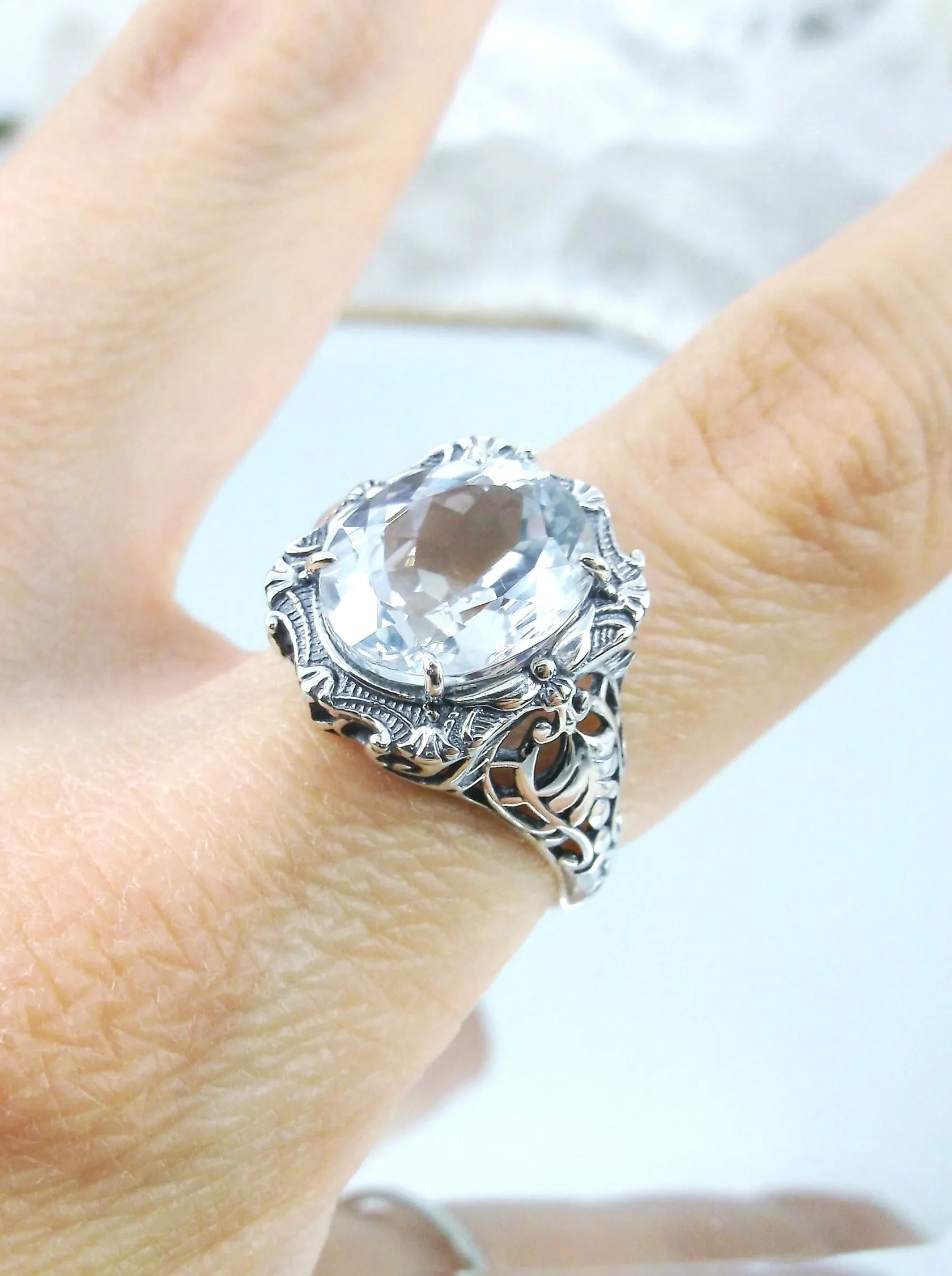 Natural Topaz Ring, Beauty Ring, Sparkling White Natural Gemstone, Oval Art Nouveau Filigree Ring, D229
