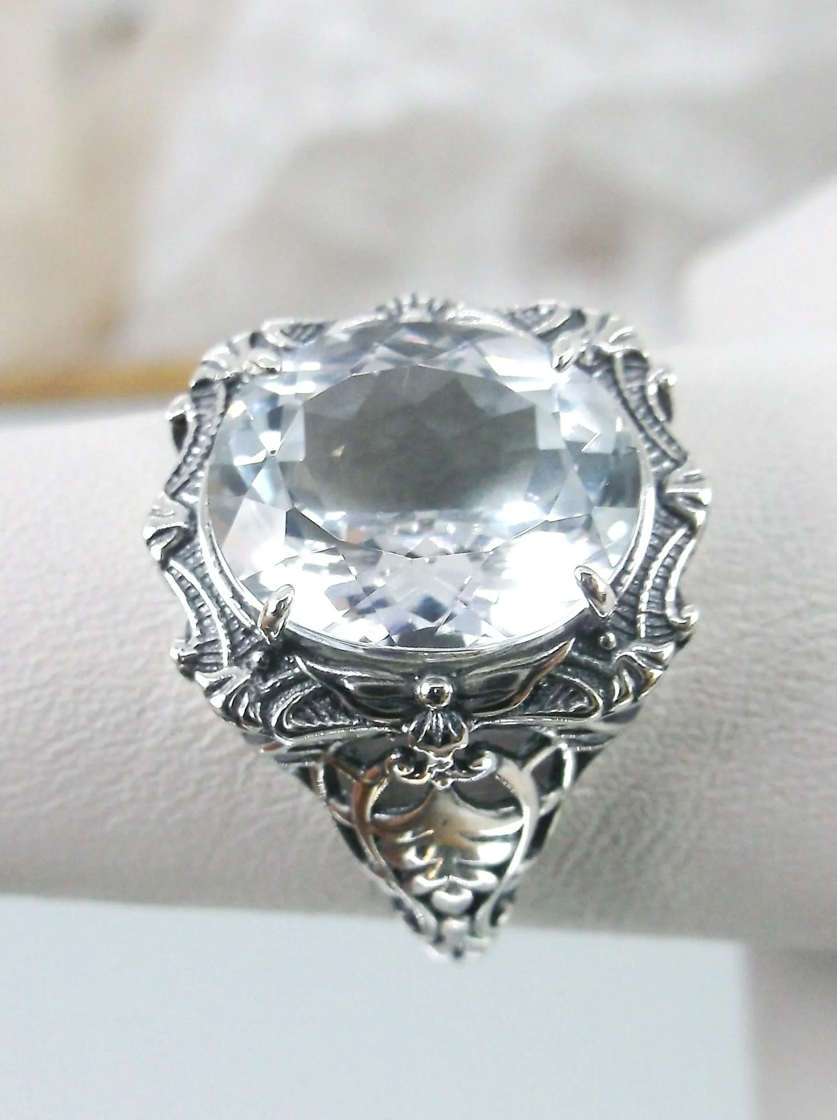 Natural Topaz Ring, Beauty Ring, Sparkling White Natural Gemstone, Oval Art Nouveau Filigree Ring, D229