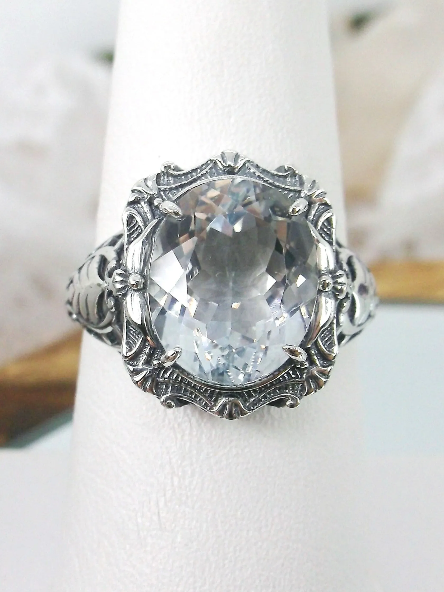 Natural Topaz Ring, Beauty Ring, Sparkling White Natural Gemstone, Oval Art Nouveau Filigree Ring, D229