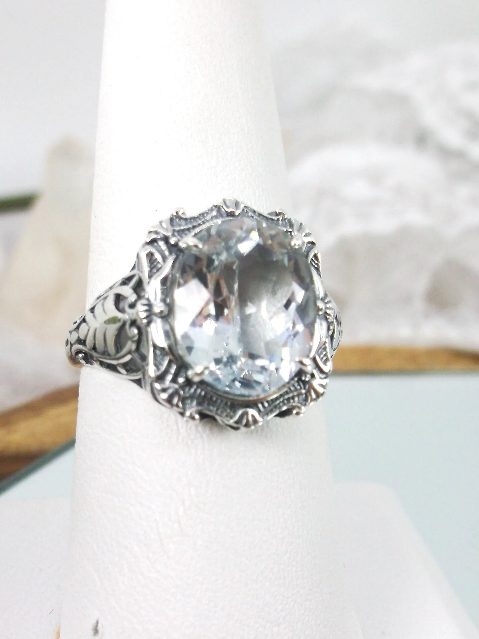 Natural Topaz Ring, Beauty Ring, Sparkling White Natural Gemstone, Oval Art Nouveau Filigree Ring, D229