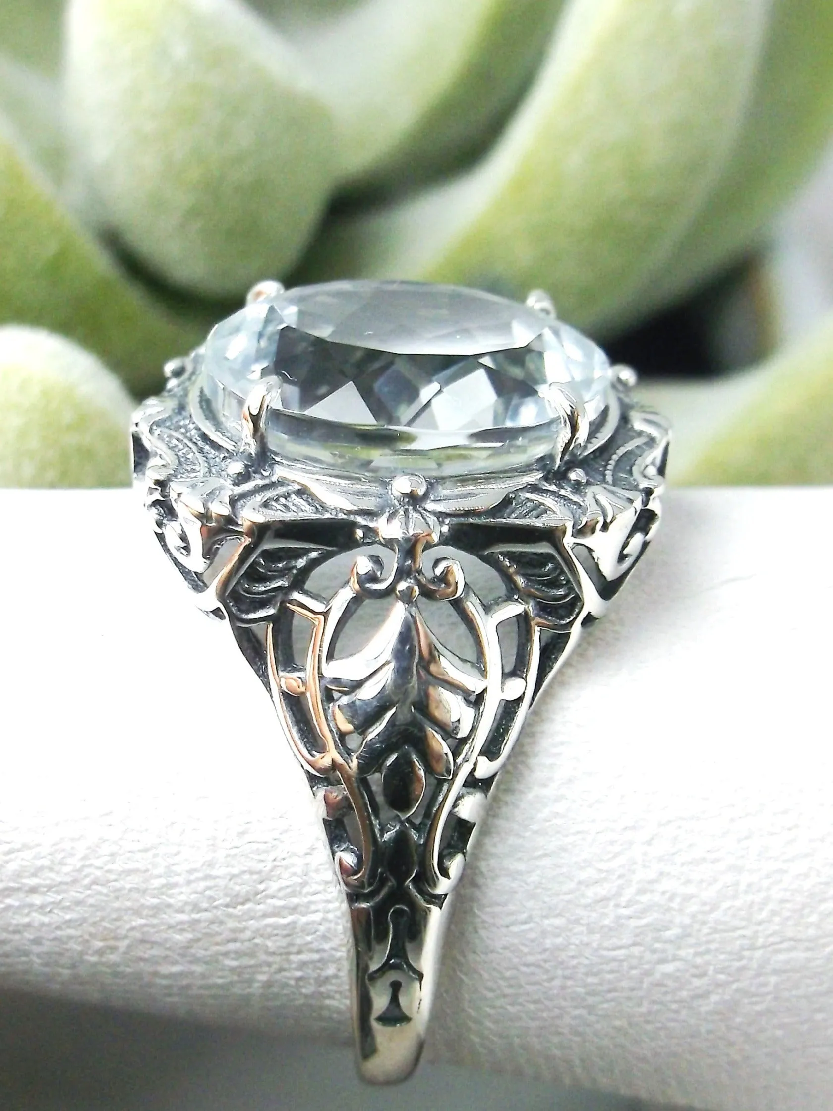 Natural Topaz Ring, Beauty Ring, Sparkling White Natural Gemstone, Oval Art Nouveau Filigree Ring, D229