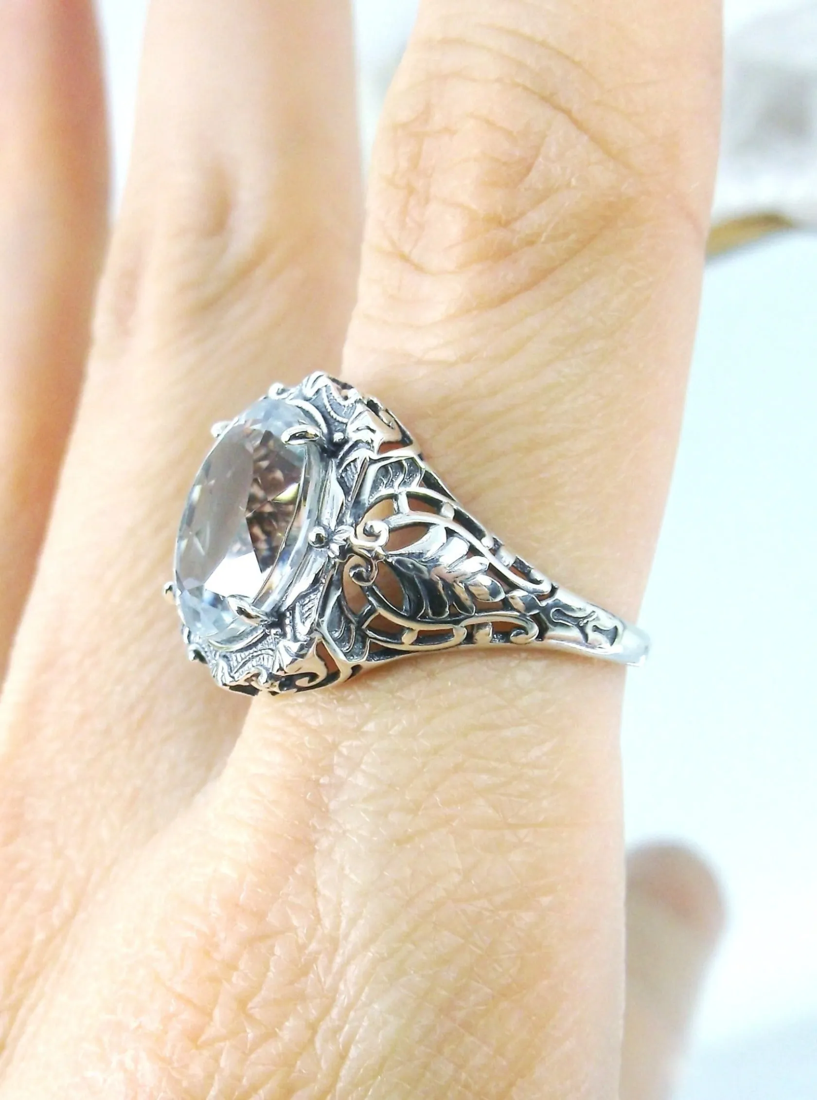 Natural Topaz Ring, Beauty Ring, Sparkling White Natural Gemstone, Oval Art Nouveau Filigree Ring, D229