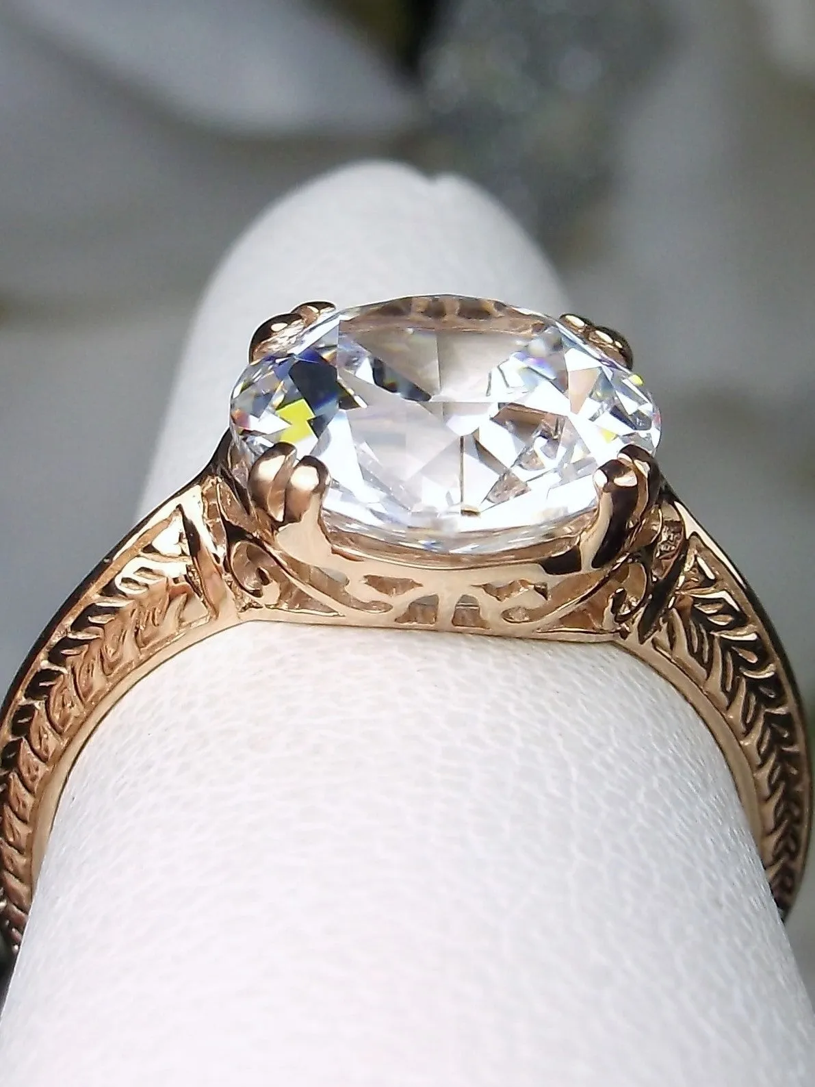 Natural White Topaz Ring, Rose Gold Overlay, Art Deco 1930's Style Jewelry, #D12