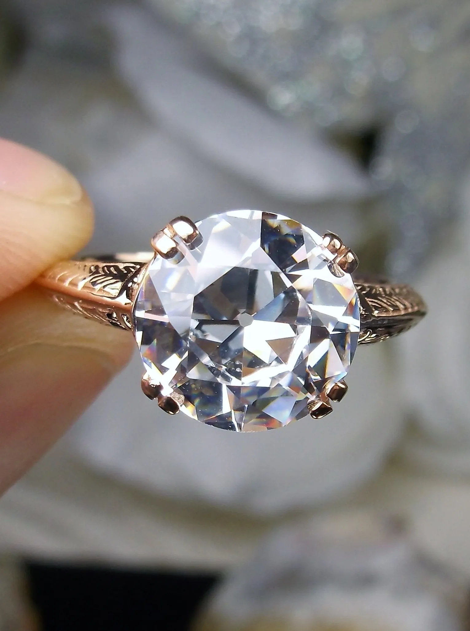 Natural White Topaz Ring, Rose Gold Overlay, Art Deco 1930's Style Jewelry, #D12