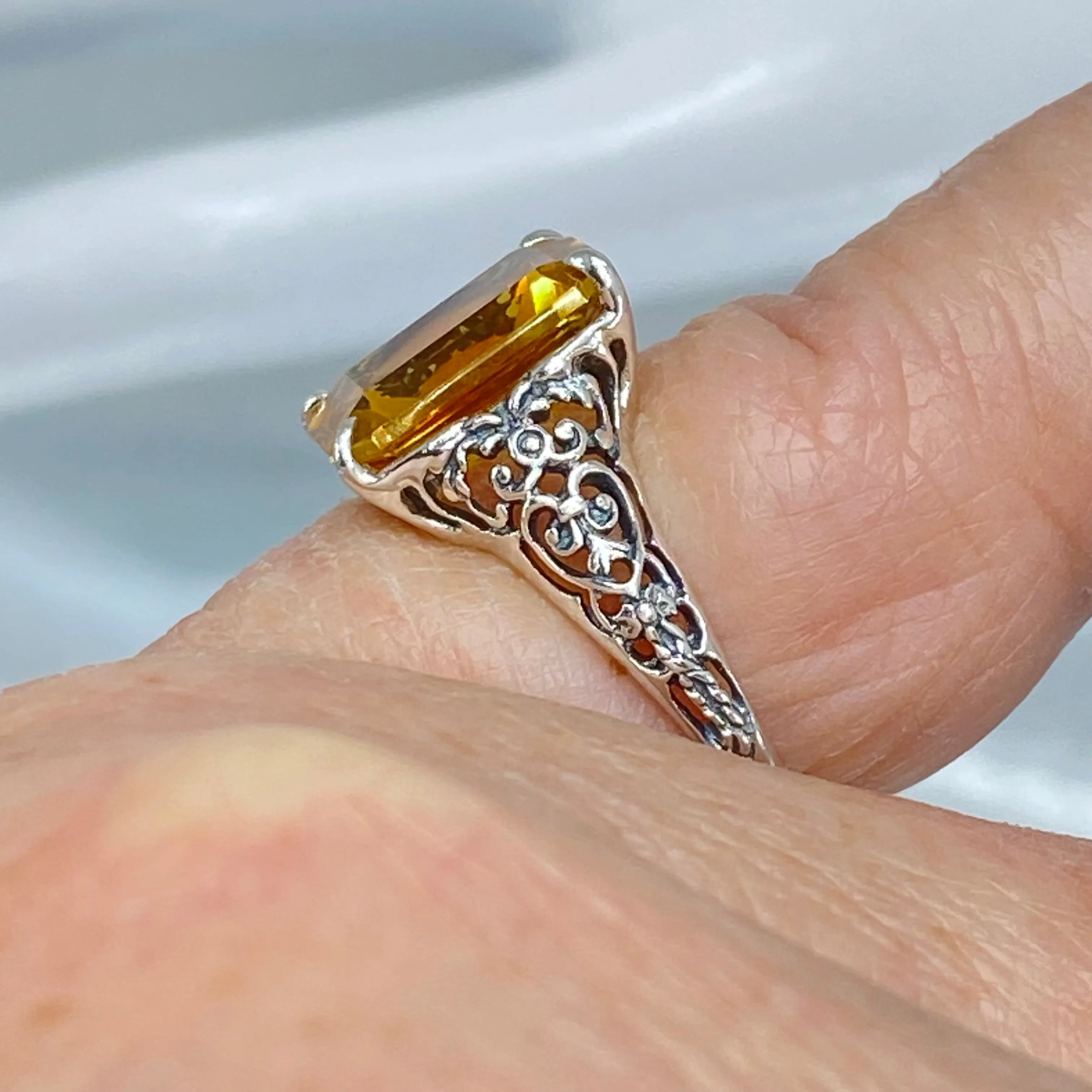 Natural Yellow Citrine Ring, Size 6.5, 5ct Rectangle Gem, Vintage Jewelry #D18 - Ready to Ship