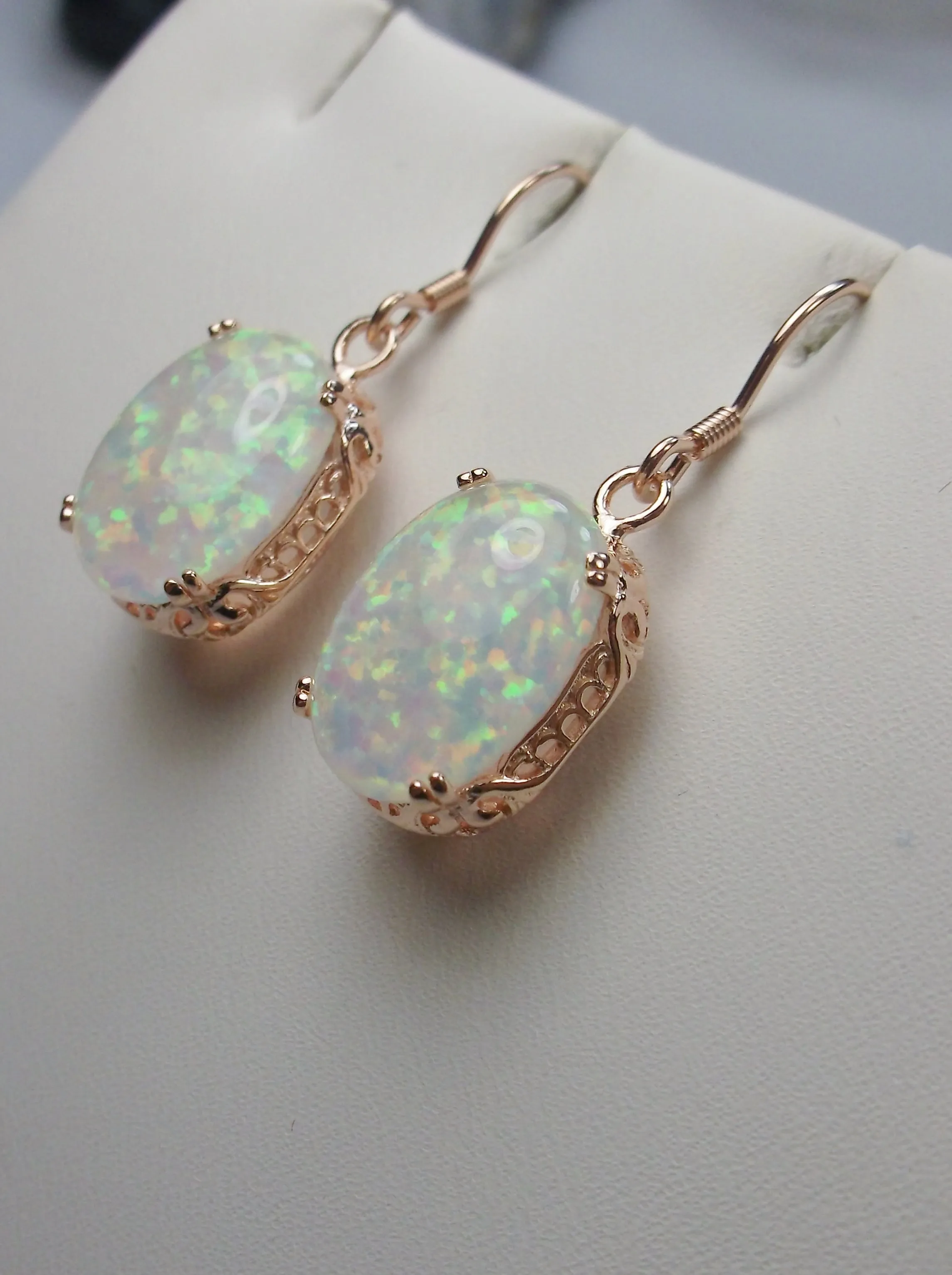 Opal Earrings, Rose Gold plate Filigree, Vintage Edwardian Jewelry #E70