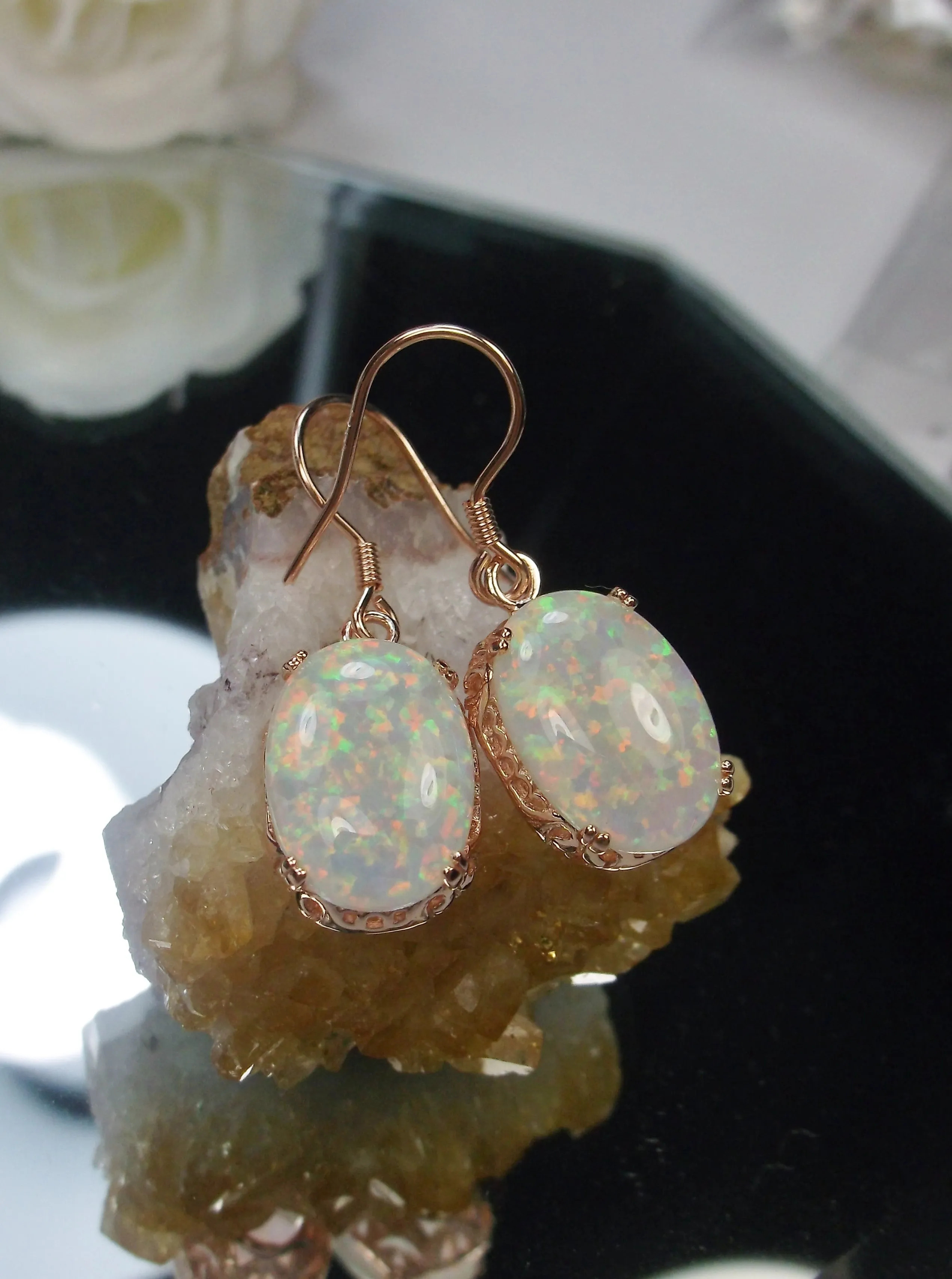 Opal Earrings, Rose Gold plate Filigree, Vintage Edwardian Jewelry #E70