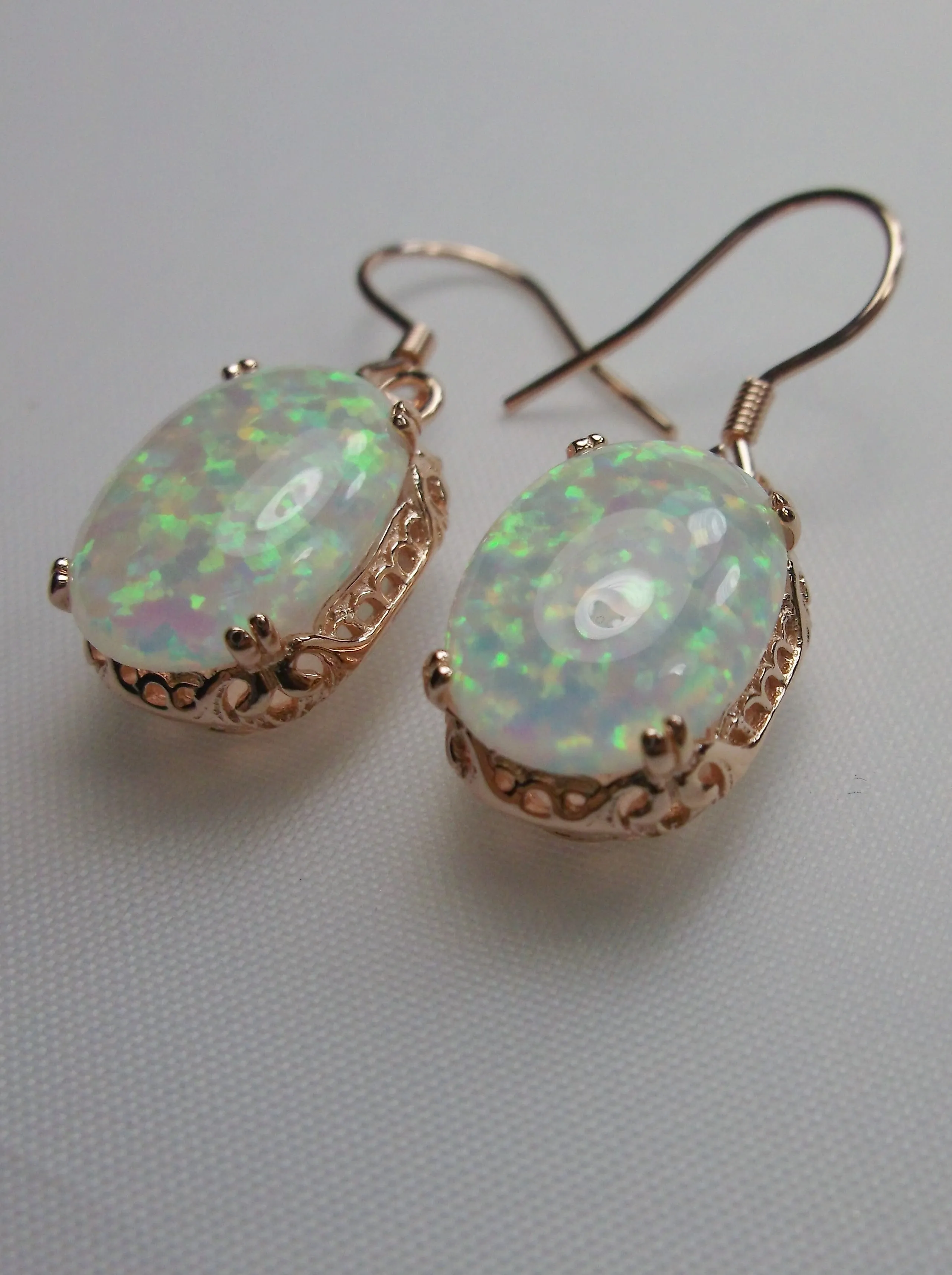 Opal Earrings, Rose Gold plate Filigree, Vintage Edwardian Jewelry #E70