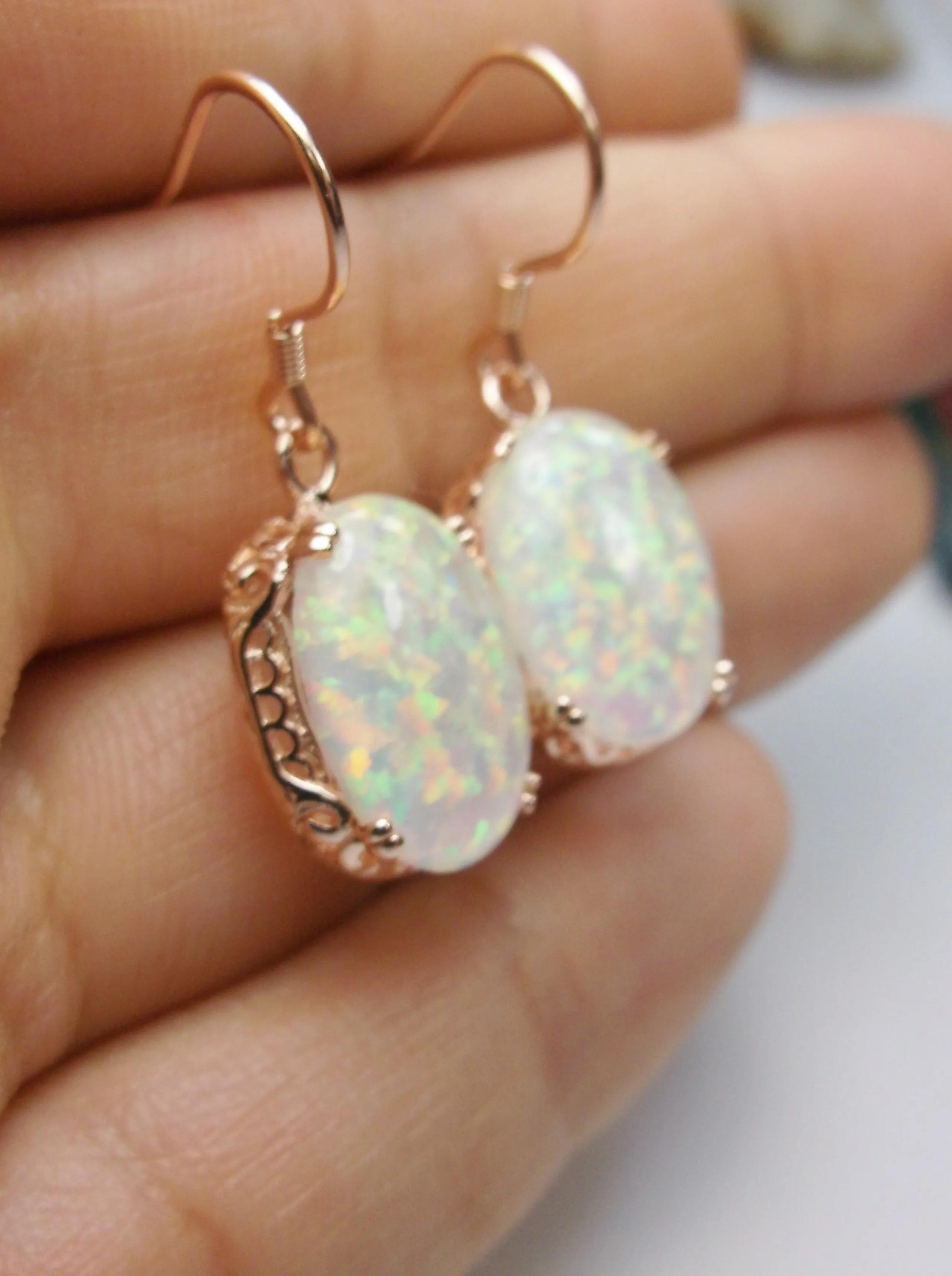 Opal Earrings, Rose Gold plate Filigree, Vintage Edwardian Jewelry #E70