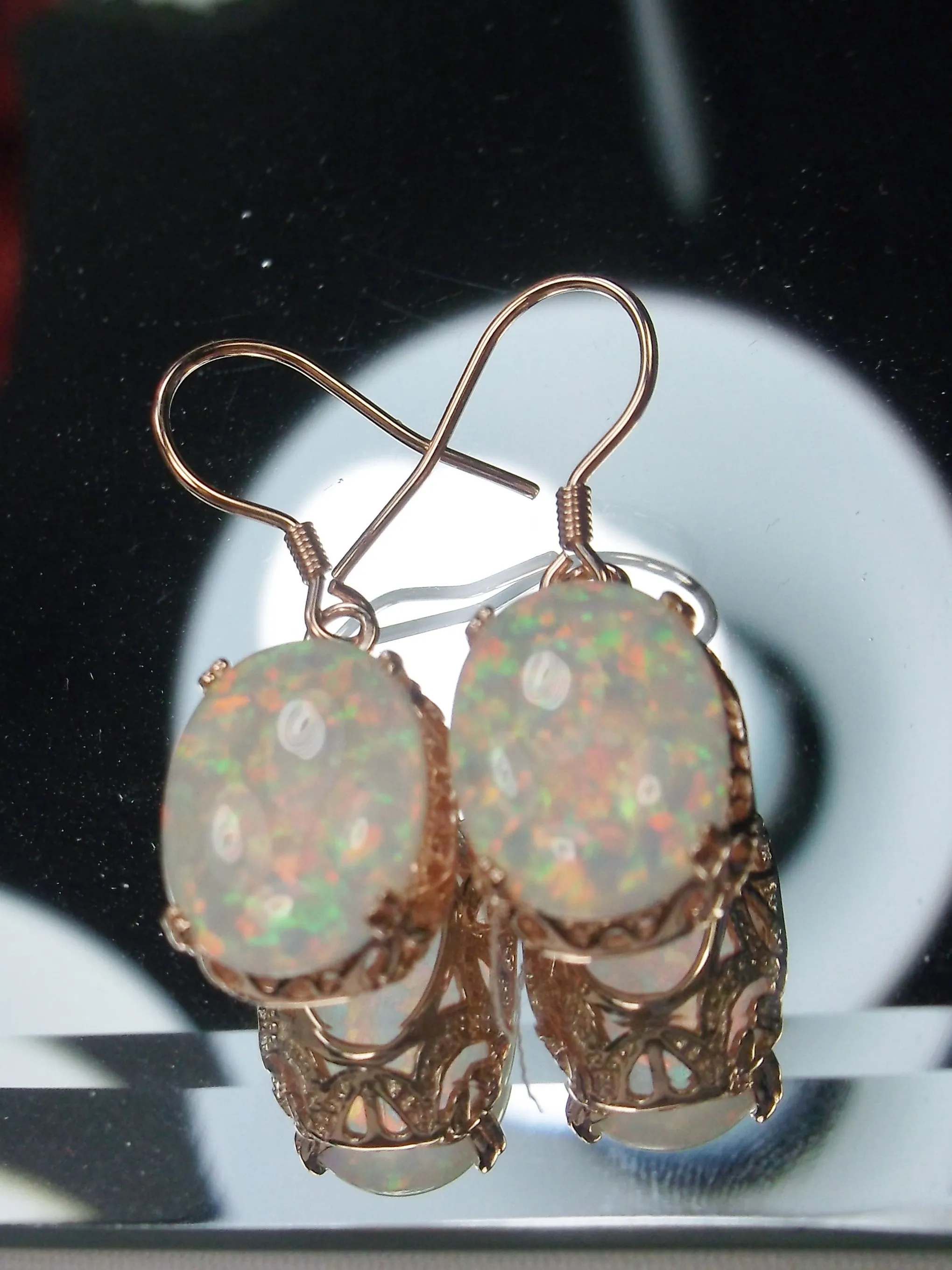 Opal Earrings, Rose Gold plate Filigree, Vintage Edwardian Jewelry #E70