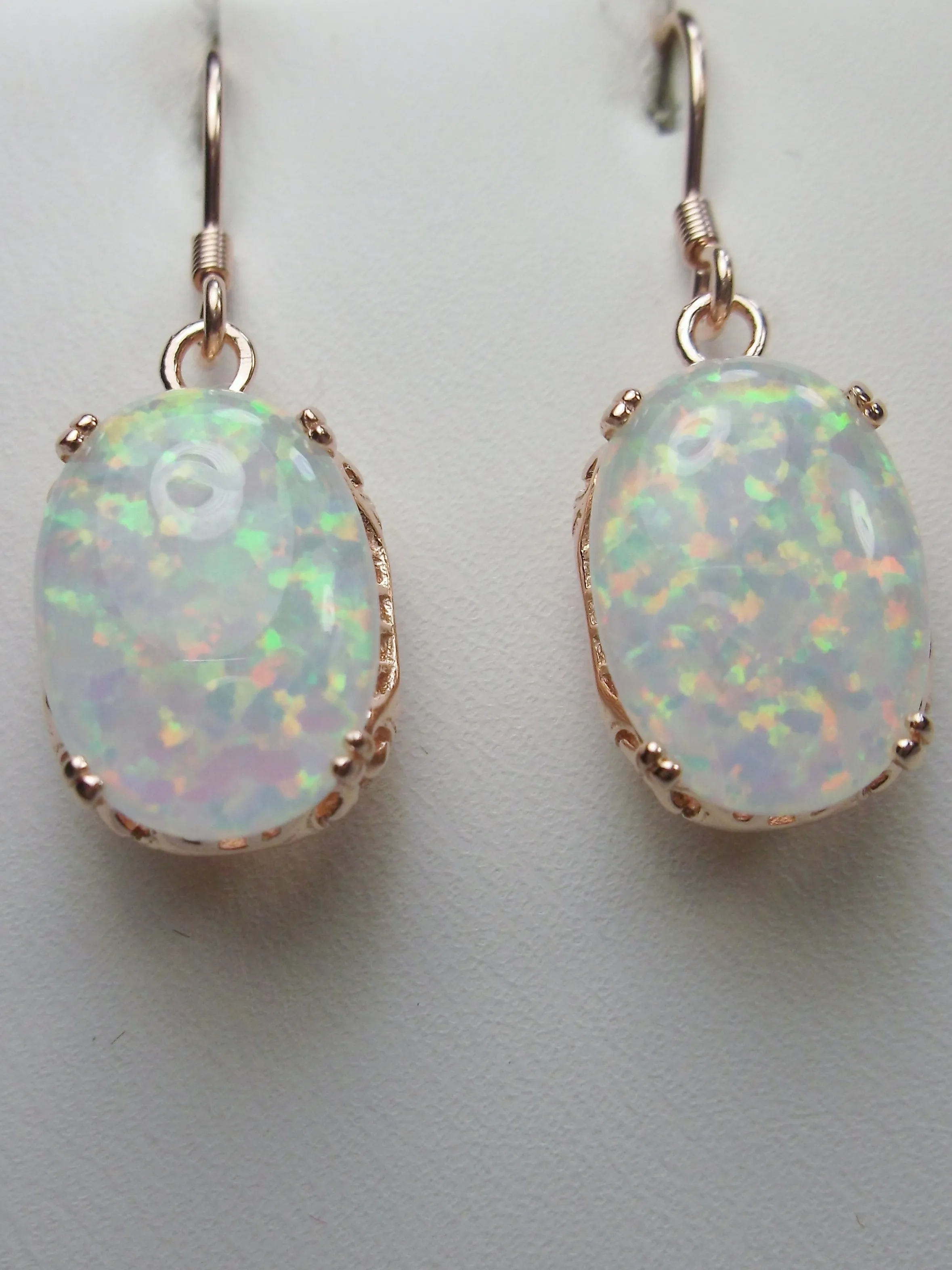 Opal Earrings, Rose Gold plate Filigree, Vintage Edwardian Jewelry #E70