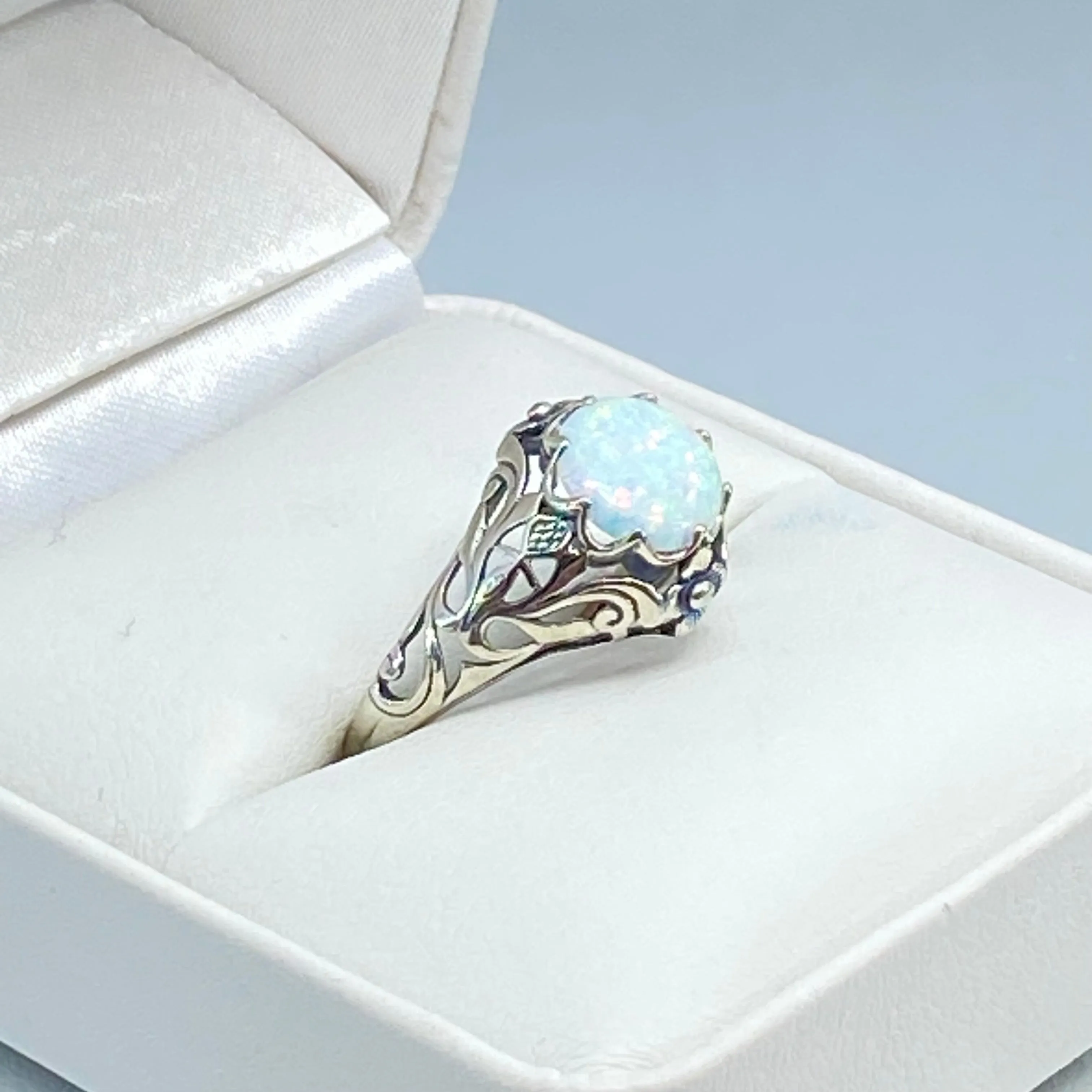Opal Ring, Size 6, Sterling Silver Daisy Filigree, Victorian Jewelry #D66 - Ready to Ship