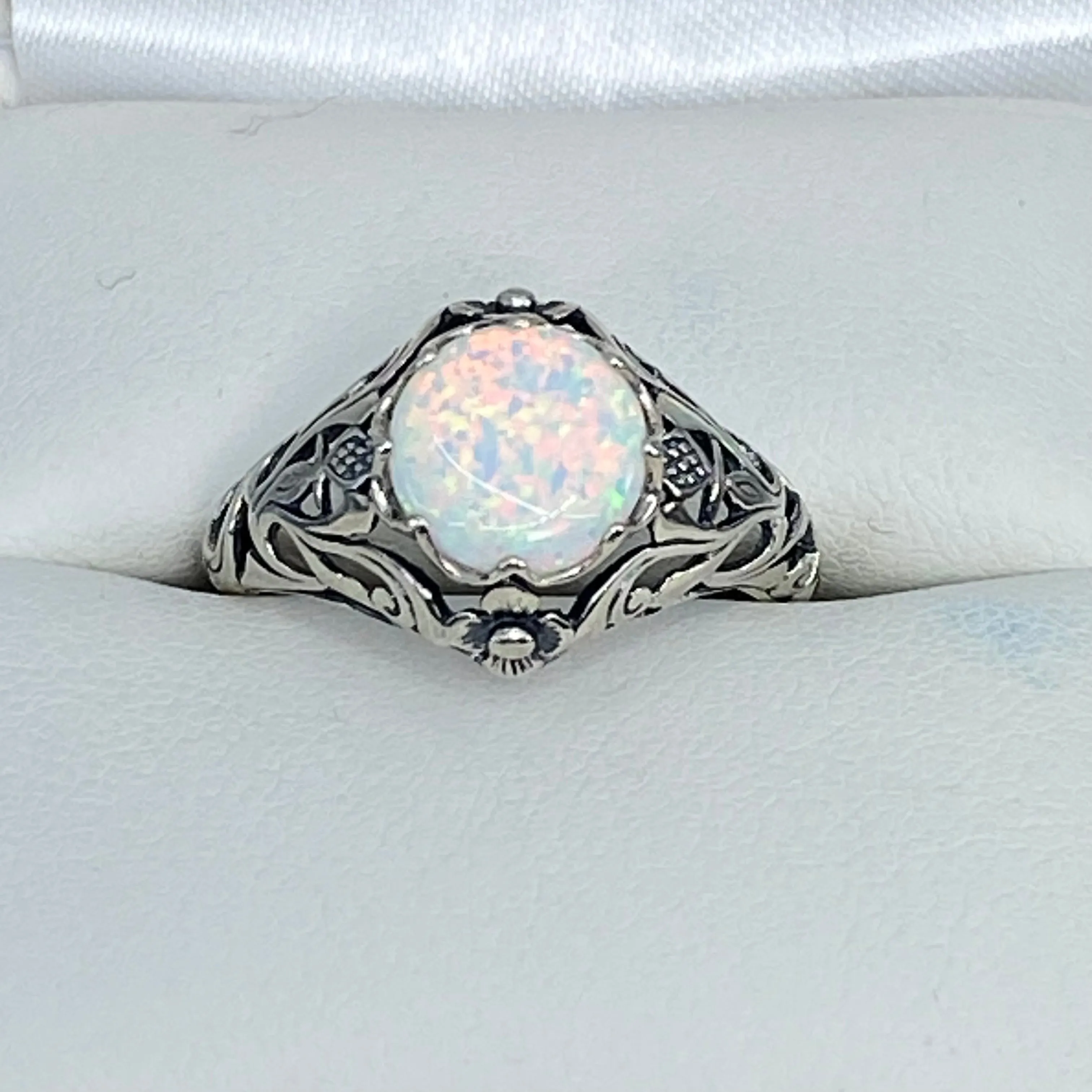 Opal Ring, Size 6, Sterling Silver Daisy Filigree, Victorian Jewelry #D66 - Ready to Ship