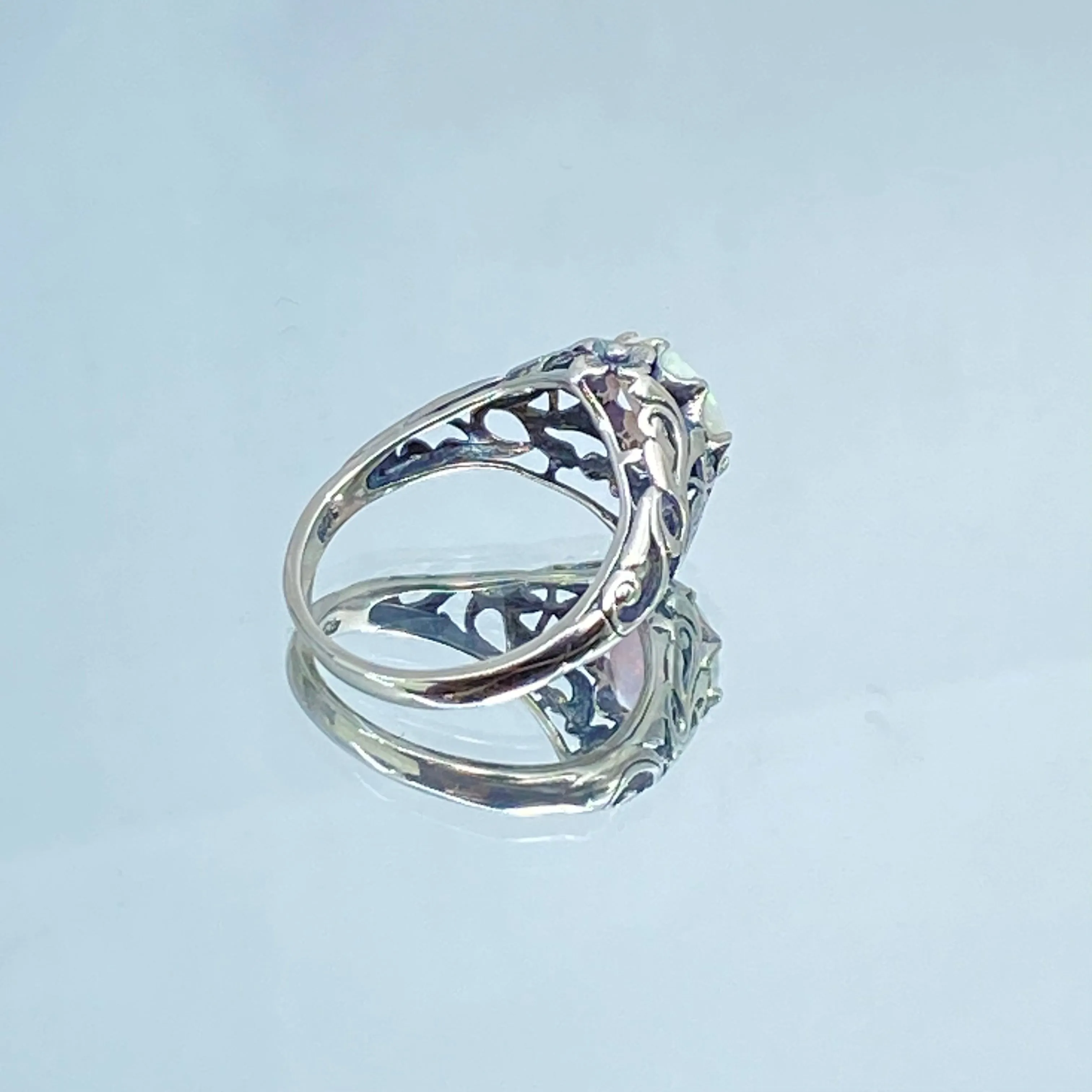 Opal Ring, Size 6, Sterling Silver Daisy Filigree, Victorian Jewelry #D66 - Ready to Ship