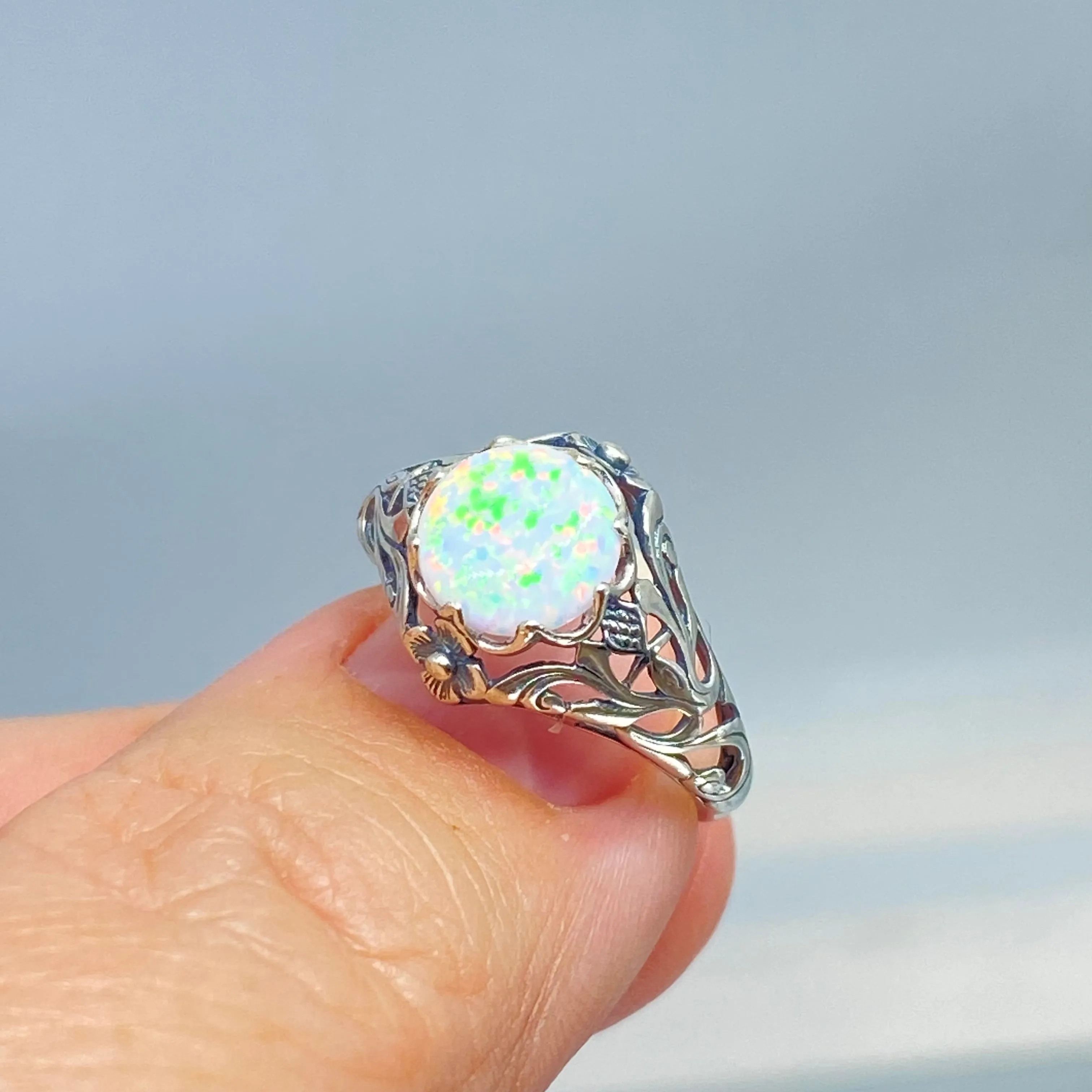 Opal Ring, Size 6, Sterling Silver Daisy Filigree, Victorian Jewelry #D66 - Ready to Ship