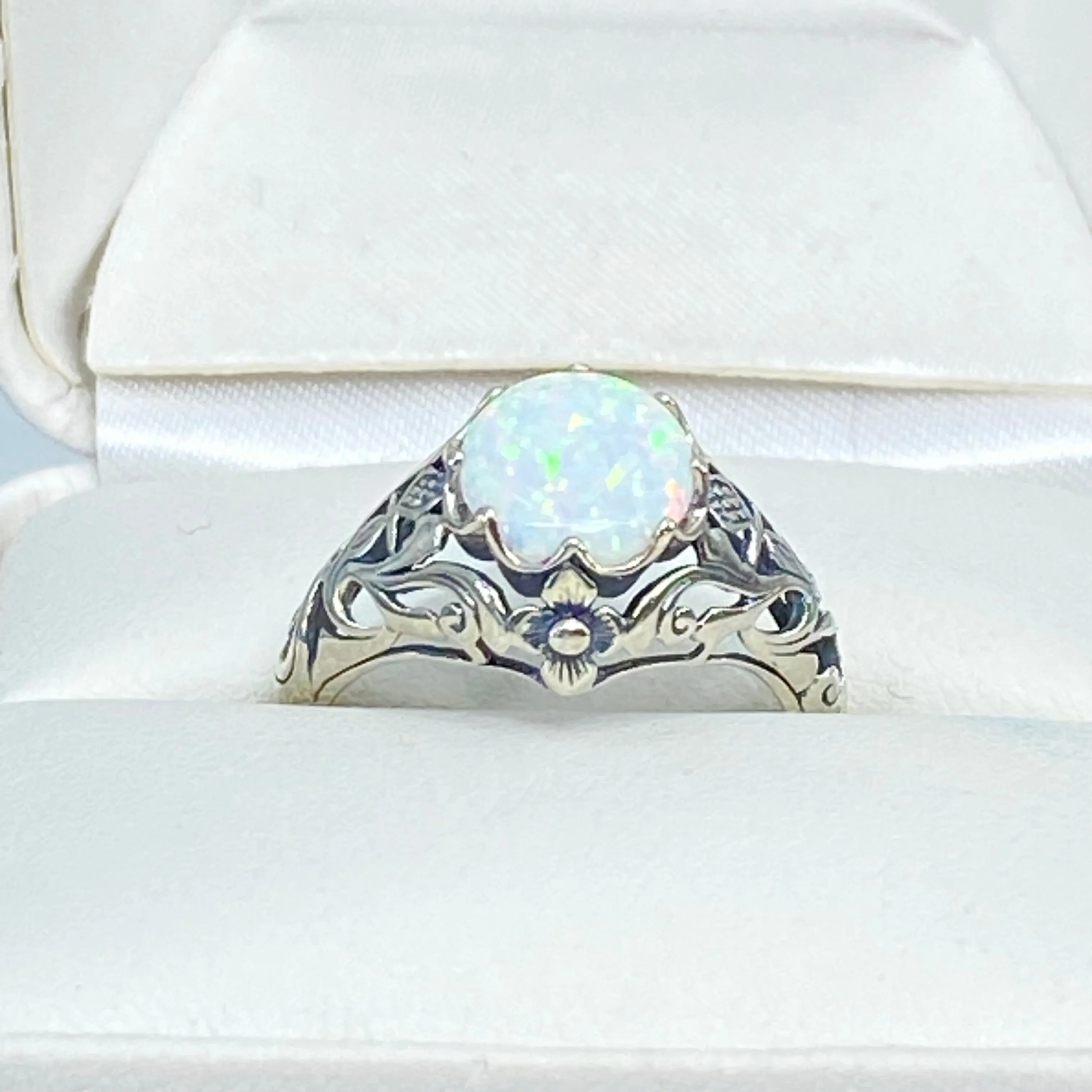 Opal Ring, Size 6, Sterling Silver Daisy Filigree, Victorian Jewelry #D66 - Ready to Ship
