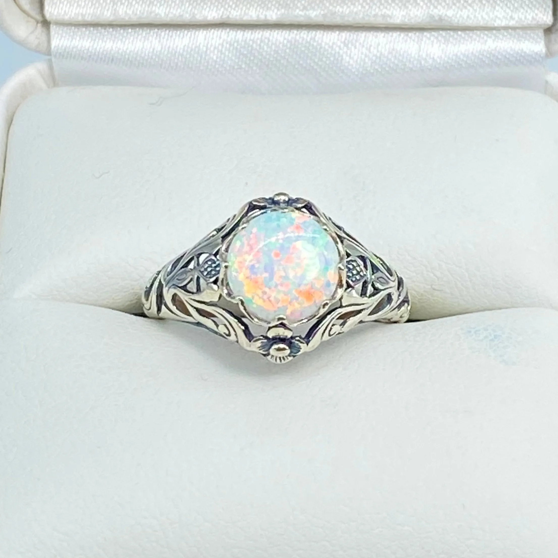 Opal Ring, Size 6, Sterling Silver Daisy Filigree, Victorian Jewelry #D66 - Ready to Ship