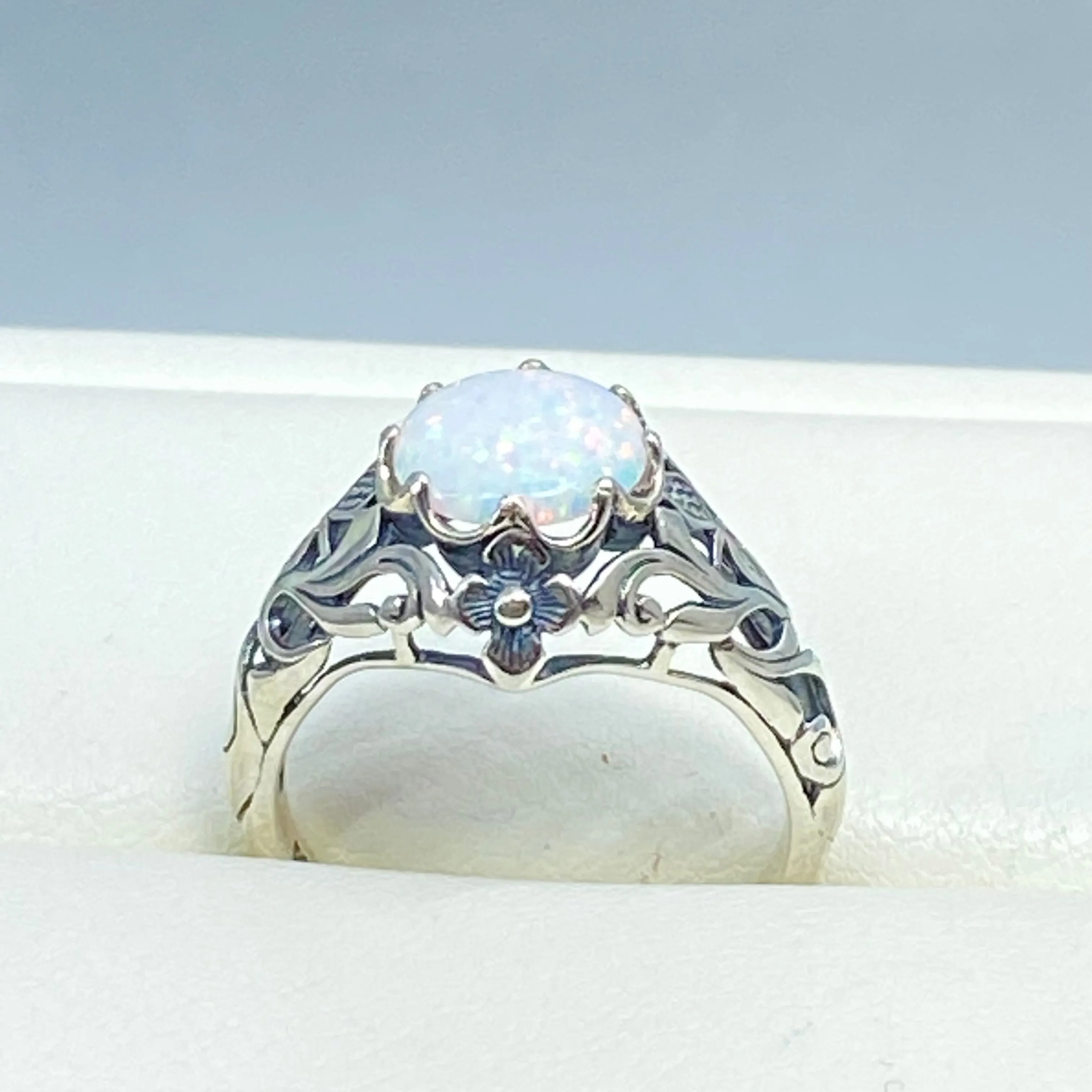 Opal Ring, Size 6, Sterling Silver Daisy Filigree, Victorian Jewelry #D66 - Ready to Ship