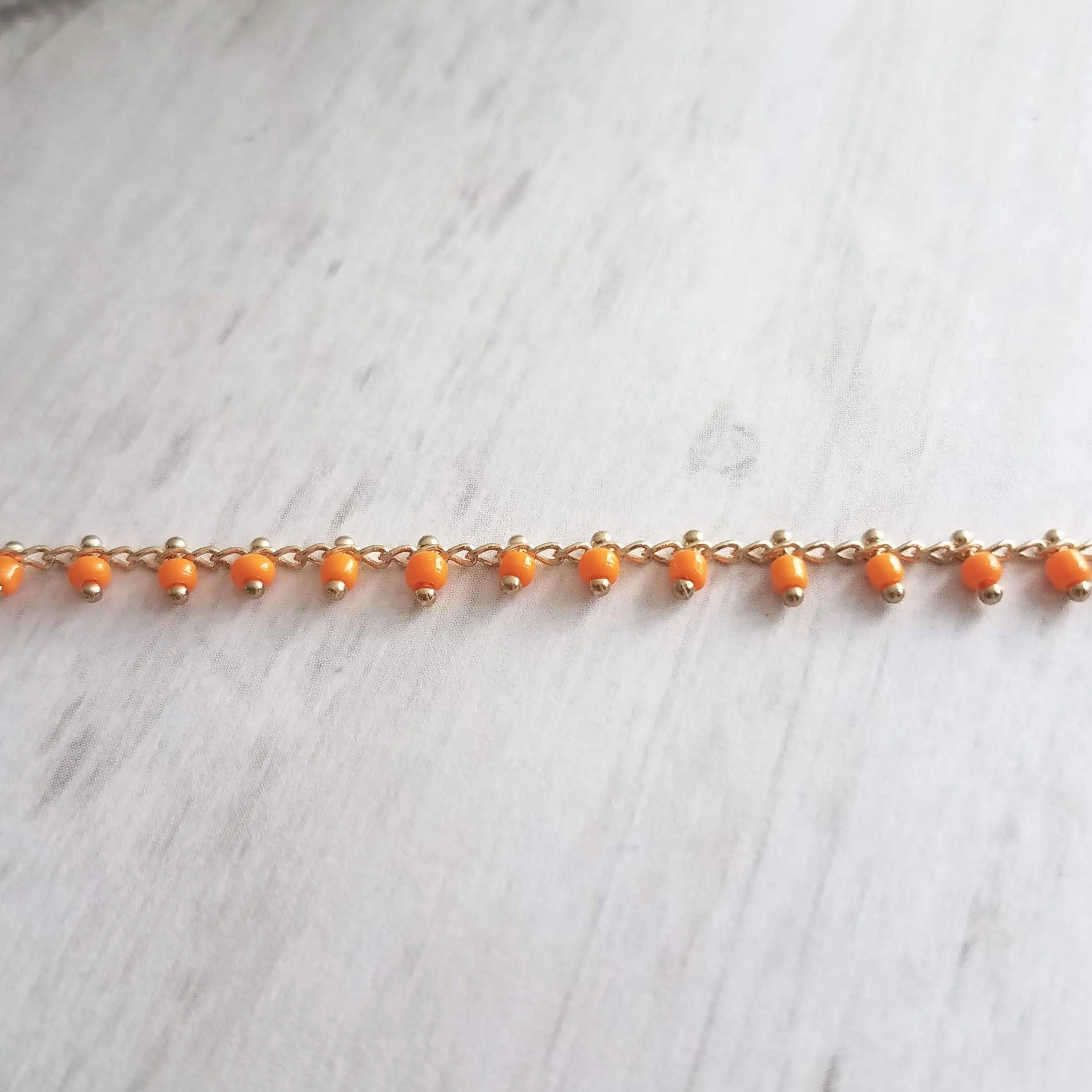 Orange Bead Bracelet, tiny seed bead bracelet, seed bead chain, small orange beads, thin gold chain, dainty gold bracelet, delicate bracelet