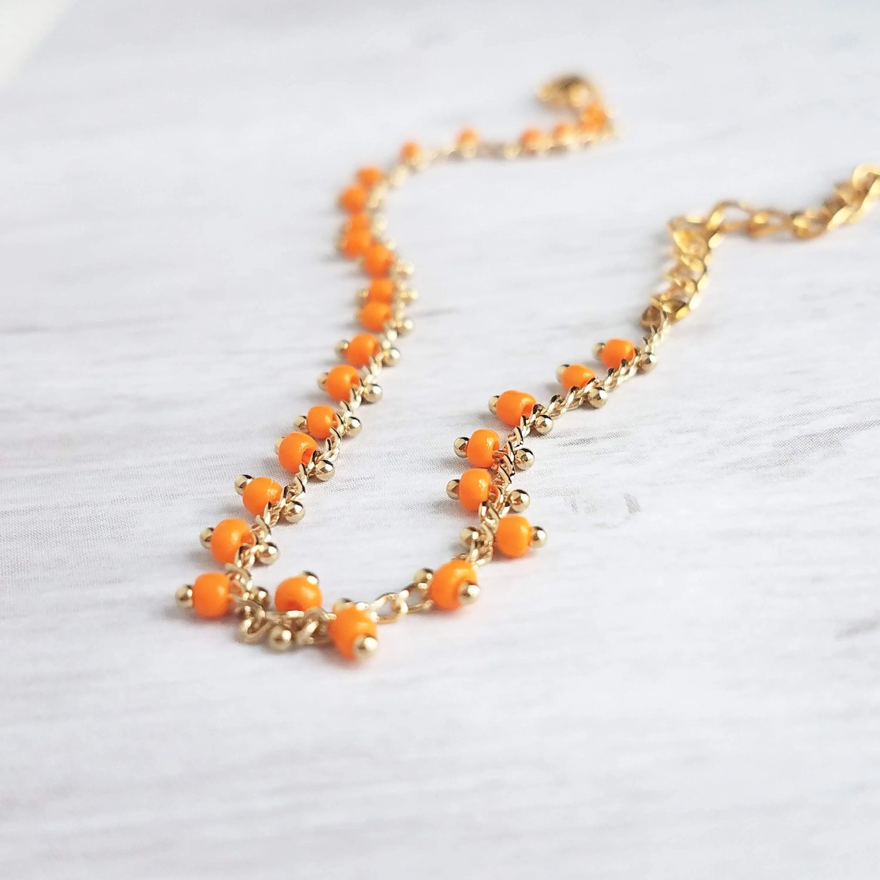 Orange Bead Bracelet, tiny seed bead bracelet, seed bead chain, small orange beads, thin gold chain, dainty gold bracelet, delicate bracelet