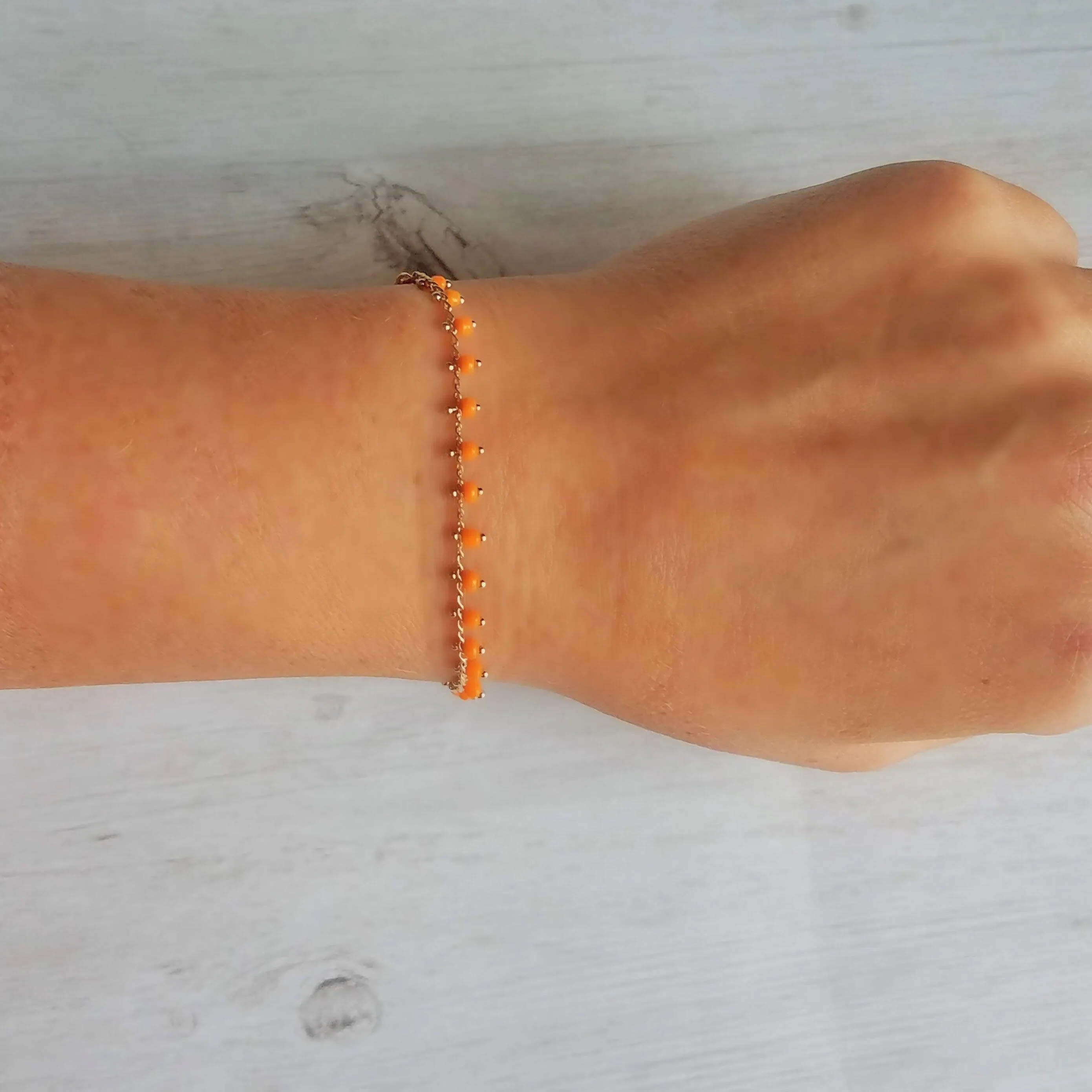 Orange Bead Bracelet, tiny seed bead bracelet, seed bead chain, small orange beads, thin gold chain, dainty gold bracelet, delicate bracelet