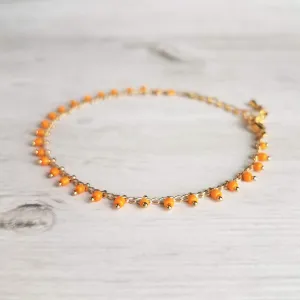 Orange Bead Bracelet, tiny seed bead bracelet, seed bead chain, small orange beads, thin gold chain, dainty gold bracelet, delicate bracelet