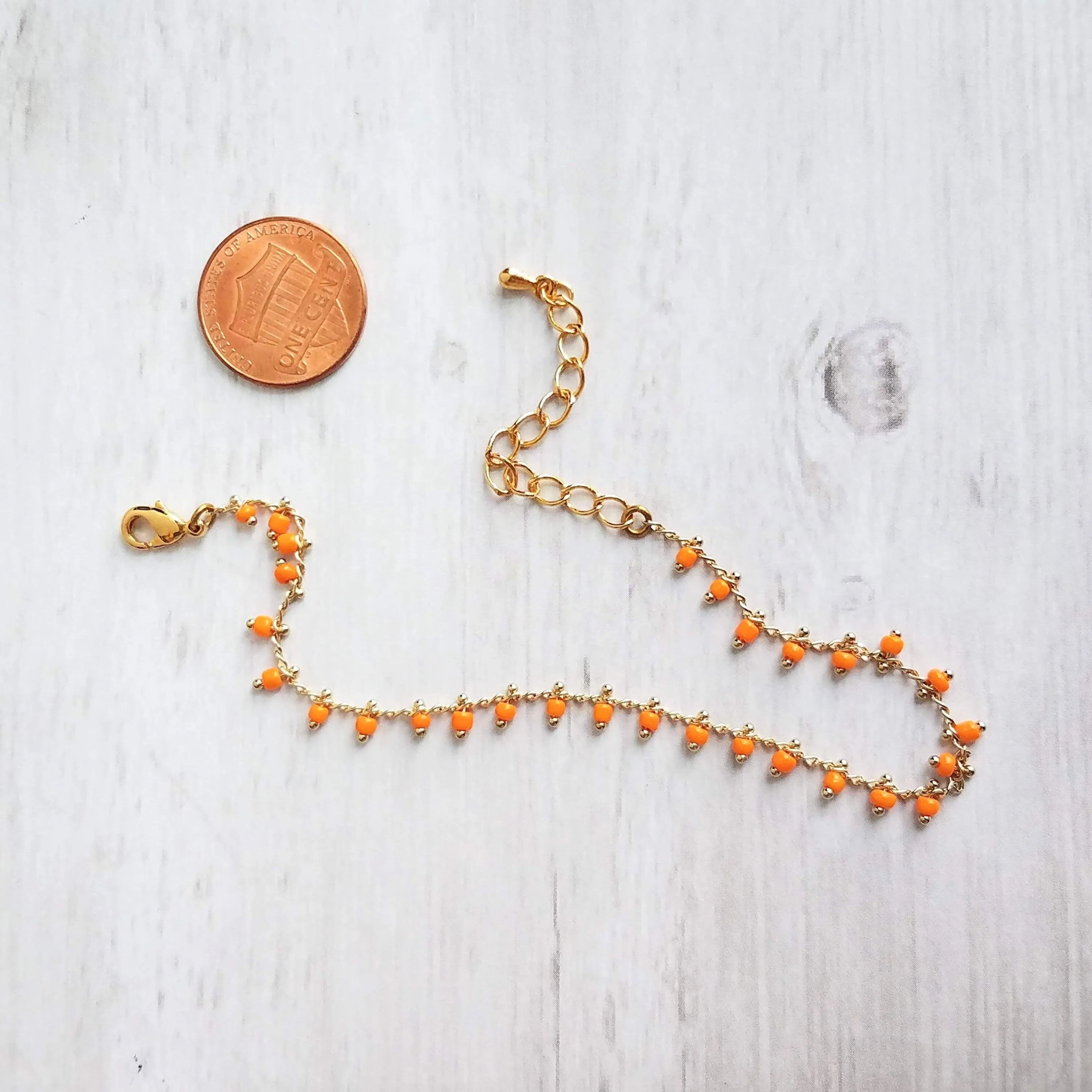 Orange Bead Bracelet, tiny seed bead bracelet, seed bead chain, small orange beads, thin gold chain, dainty gold bracelet, delicate bracelet