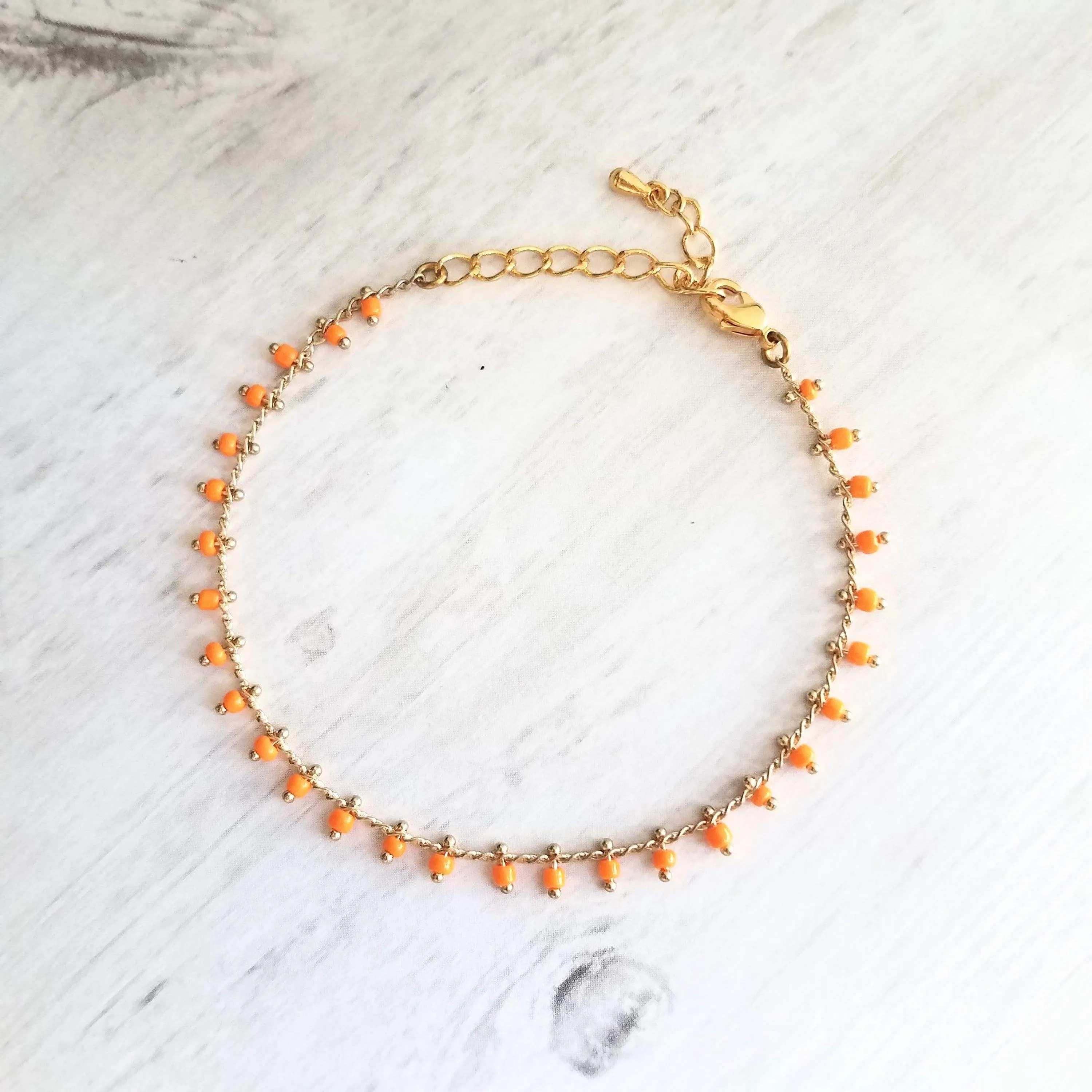 Orange Bead Bracelet, tiny seed bead bracelet, seed bead chain, small orange beads, thin gold chain, dainty gold bracelet, delicate bracelet