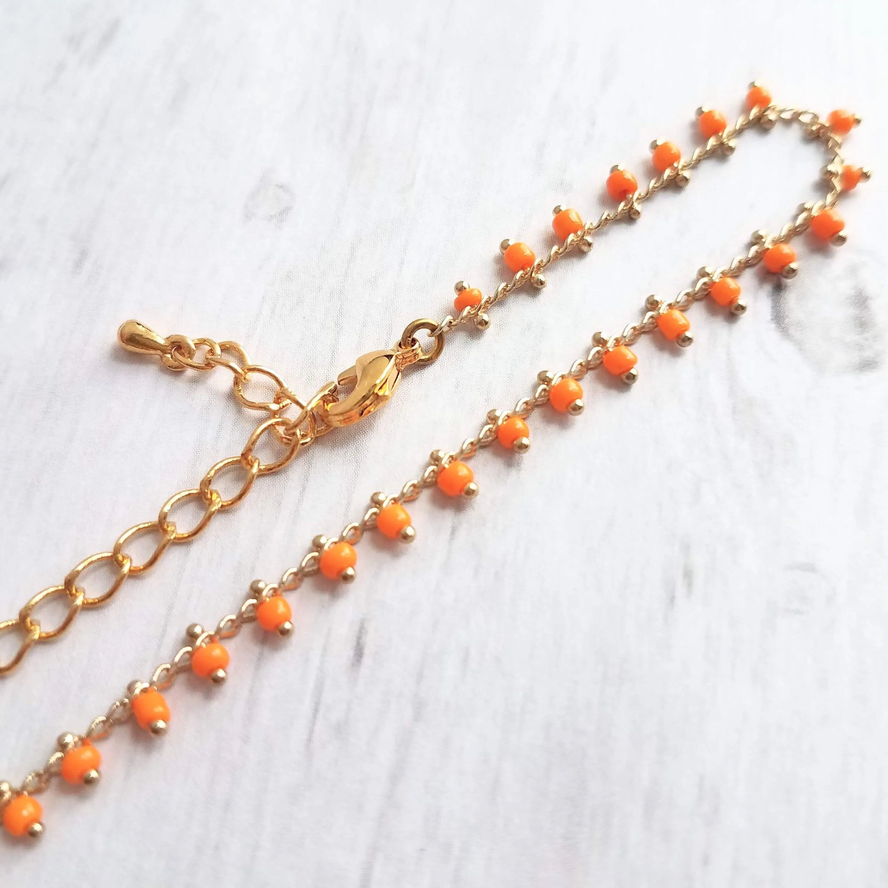 Orange Bead Bracelet, tiny seed bead bracelet, seed bead chain, small orange beads, thin gold chain, dainty gold bracelet, delicate bracelet