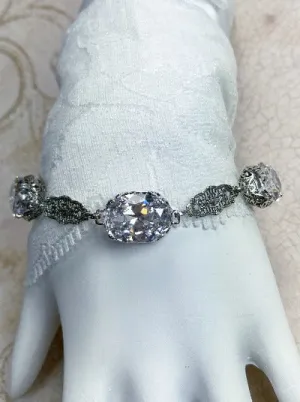 Oval CZ Bracelet, White Cubic Zirconia Gems, Edwardian Jewelry #B70