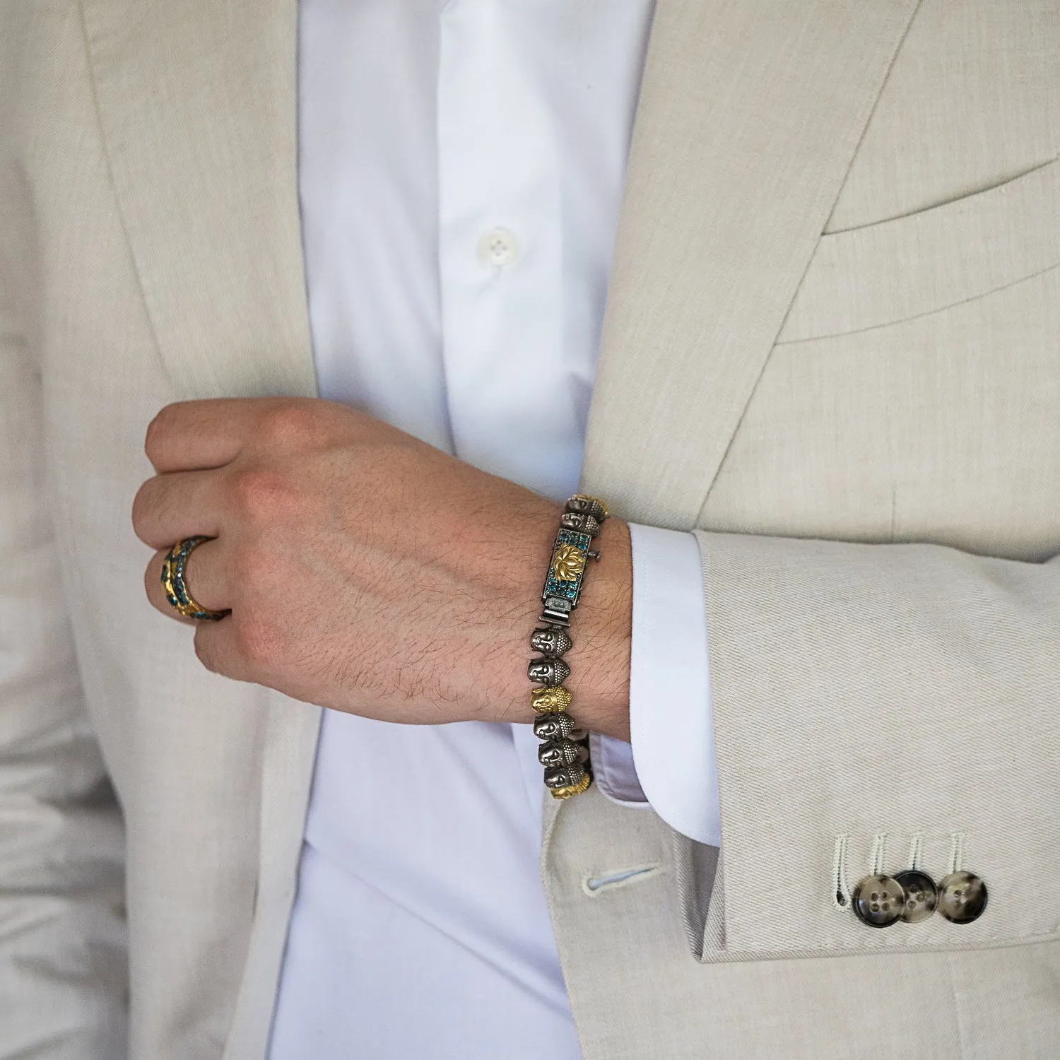 Peace Yellow Gold & Diamond Lotus Silver Buddha Bracelet